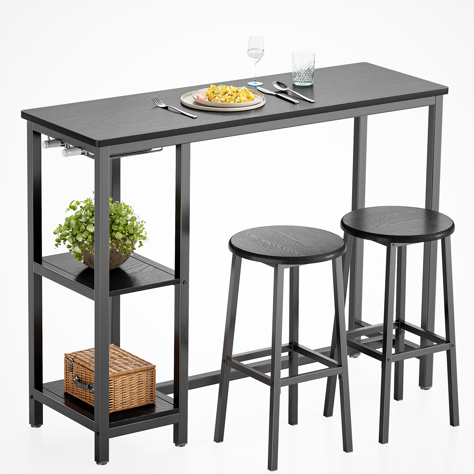 Bar Table Set With 2 Stools | Metal Construction | 120 X 40 X 91.5 Cm | Includes 2 Shelves And 2 Glass Holders | Black/retro Design
