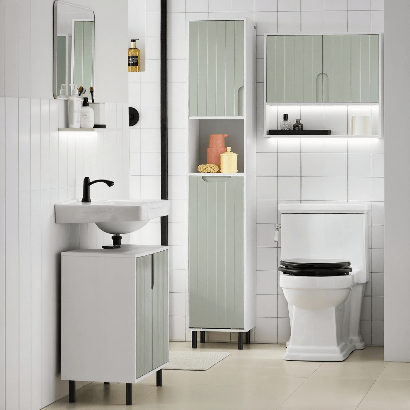 Image of Bathroom Storage 1pc Narrow Column Bathroom With Laundry Bag Mobile Bathroom Tall With Shelf, Clustering Cabinet Space For Wc White And Green 167x31x30cm - Cas238-hs