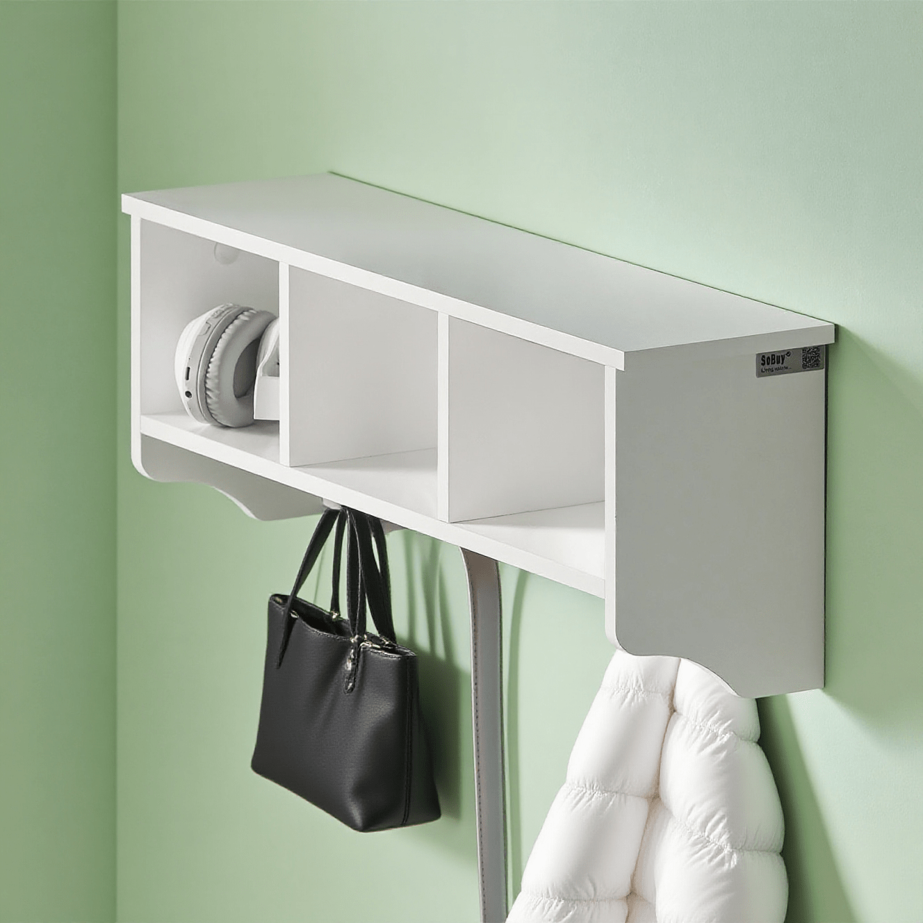 Wall Coat Rack, Wall Hooks, Hanging Shelf, Bathroom Cabinet, With 4 Hooks, White, W 60 Cm Frg48-w