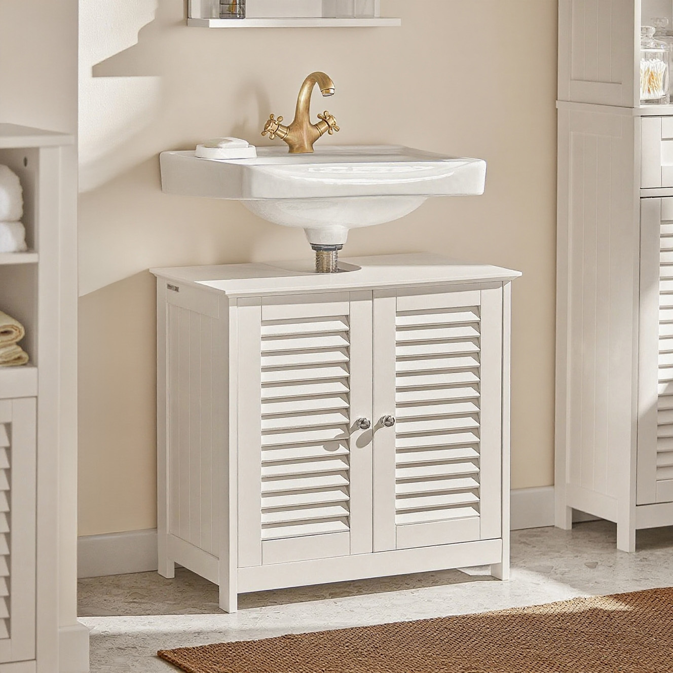 E-shop 1 Stück Waschtischunterschrank mit 2 Türen und 2 Etagen, Abstellkasten für Badezimmer, L60 x B35 x H58 cm, Weiß, - SoBuy GSH348-X