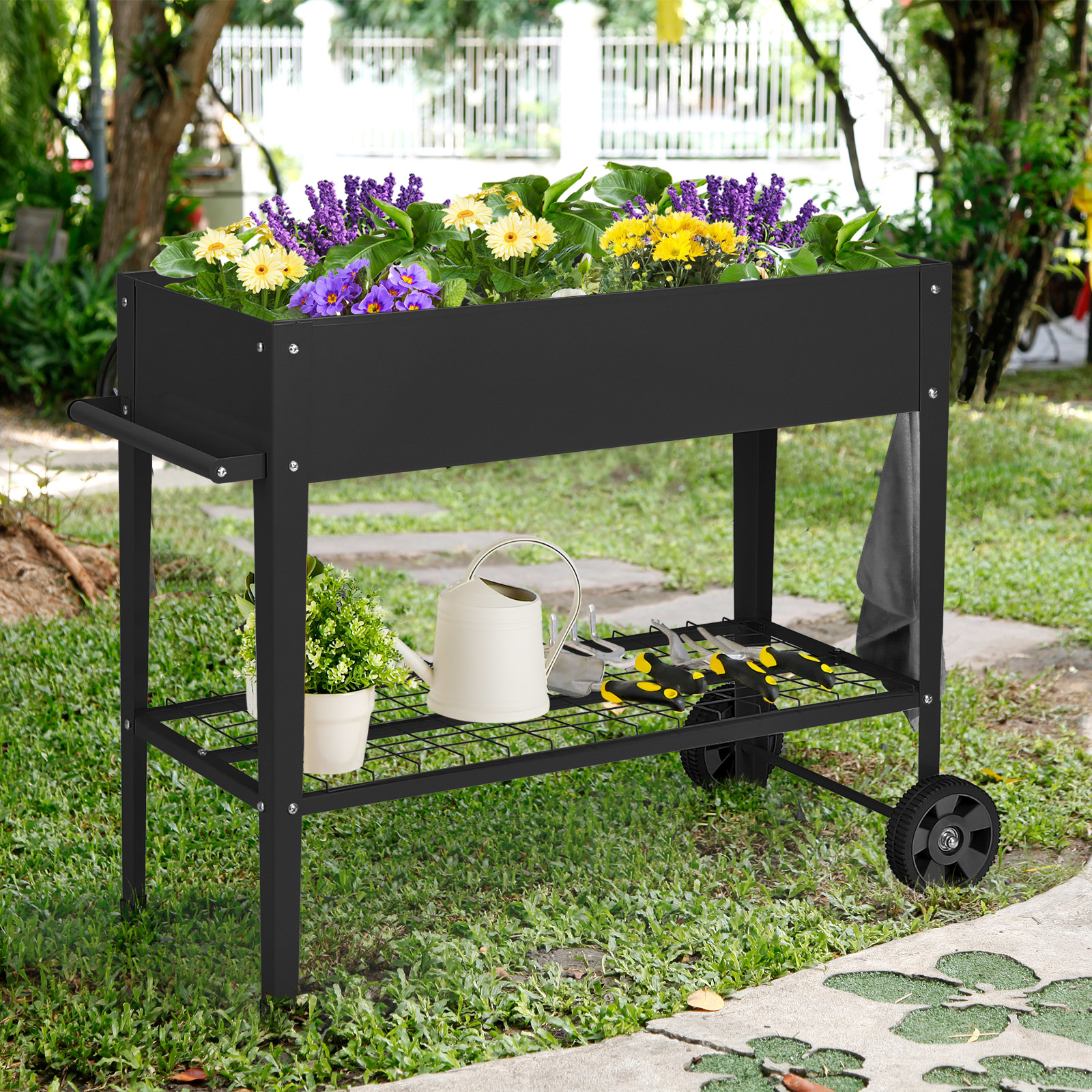 Image of Raised Garden Bed, Mobile Elevated Planter Box With Metal Legs, Drain Holes, Storage Shelf, Hanging Hooks, Handle, Metal Planting Cart On Wheels For Vegetables Flowers Herbs, Black