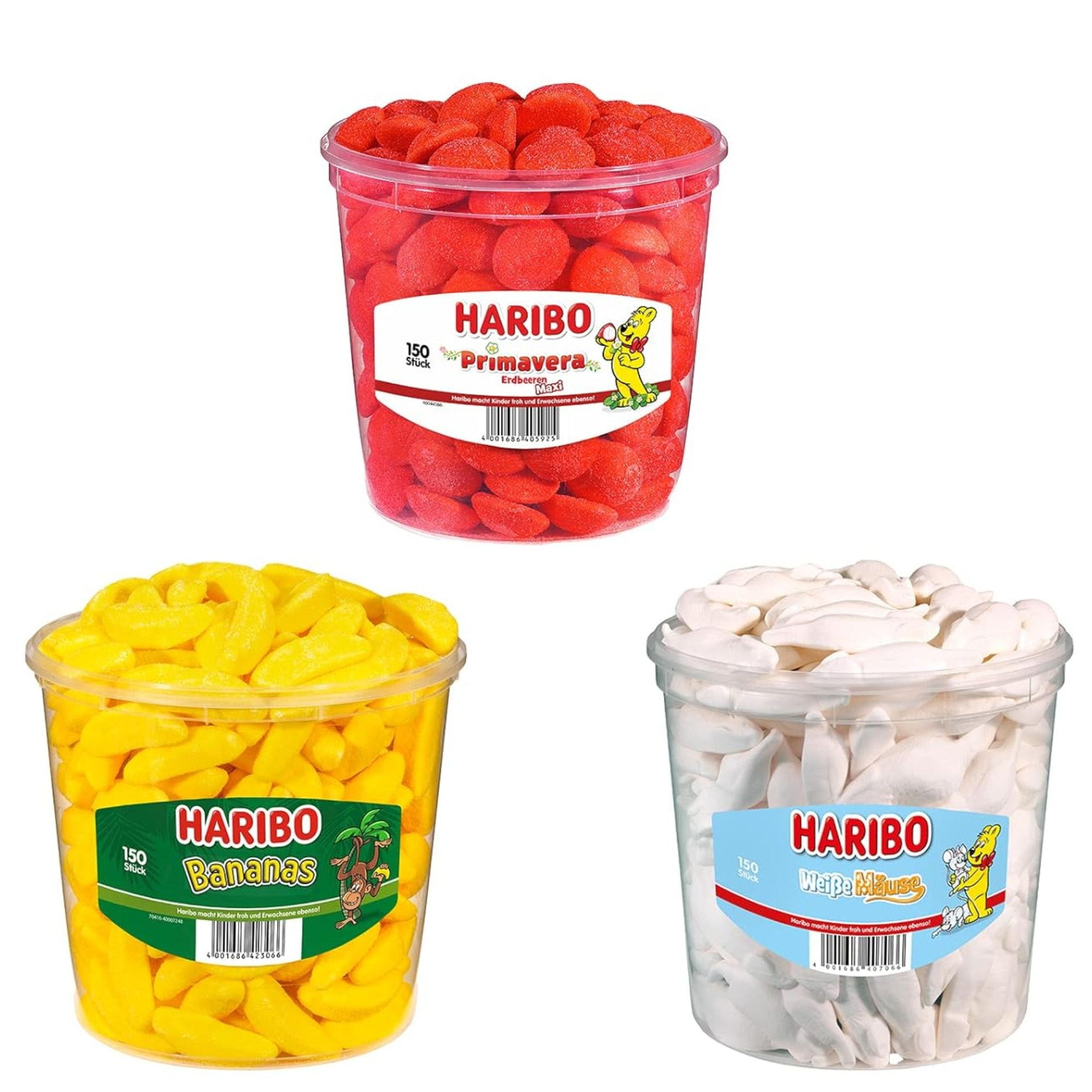 E-shop Haribo Mischpaket 1x Weisse Mäuse + 1x Primavera+ 1x Bananas als Set für Freunde Party oder Büro Kinder Geburtstag Süßigkeiten