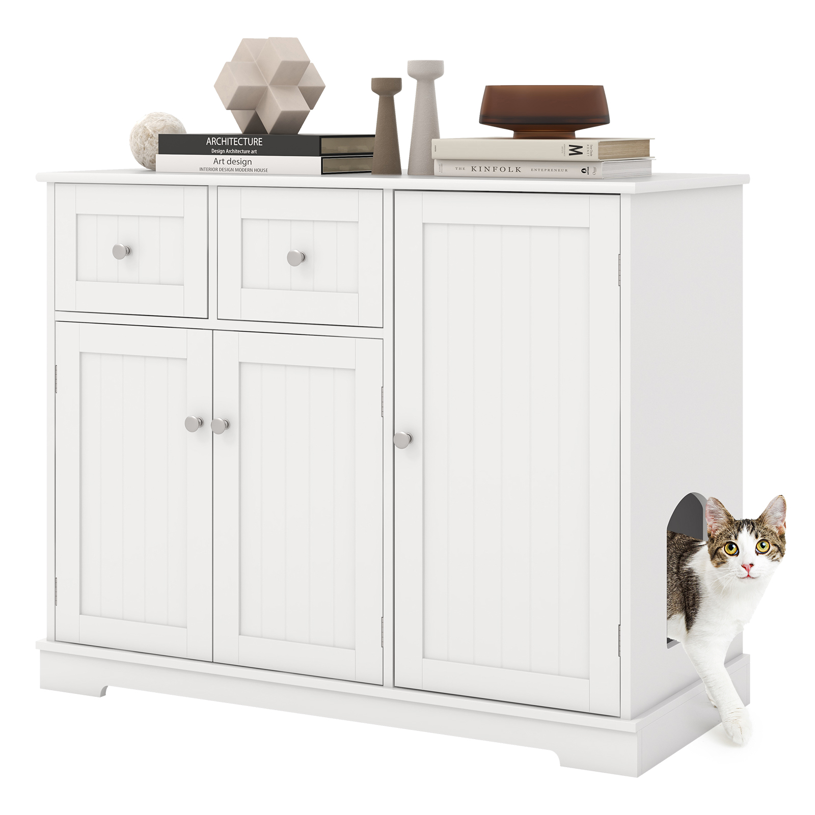Image of Cat Litter Box Enclosure, Hidden Cat Washroom Side Cabinet Wooden Pet House W/ 2 Drawers, 3 Doors, Anti-toppling Devices, Modern Indoor Cat / Storage For Kittens & Adult Cats