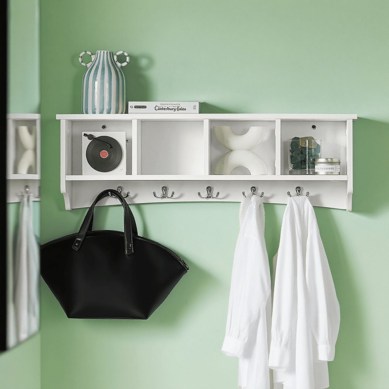 TEMU Appendiabiti da parete, Ganci da parete, Mensola sospesa, Mobiletto da bagno con 5 ganci, , L 72cm FRG48-L-W