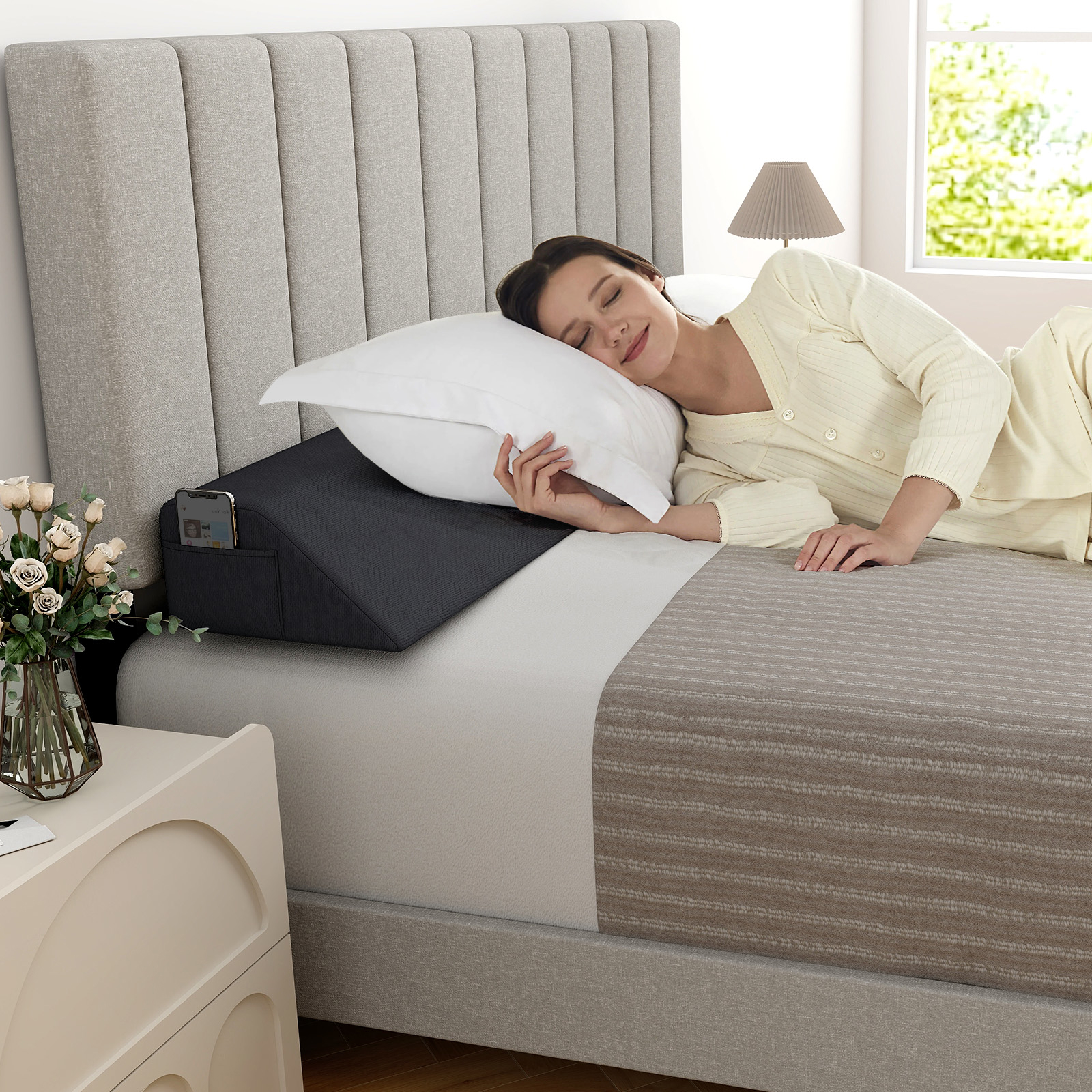 Image of Queen Bed Wedge Pillow, Mattress Filler, Headboard Pillow With Storage Bag. Home Close Between Your Headboard And Mattress, Long Pillow For Bed For Bed, Sofa