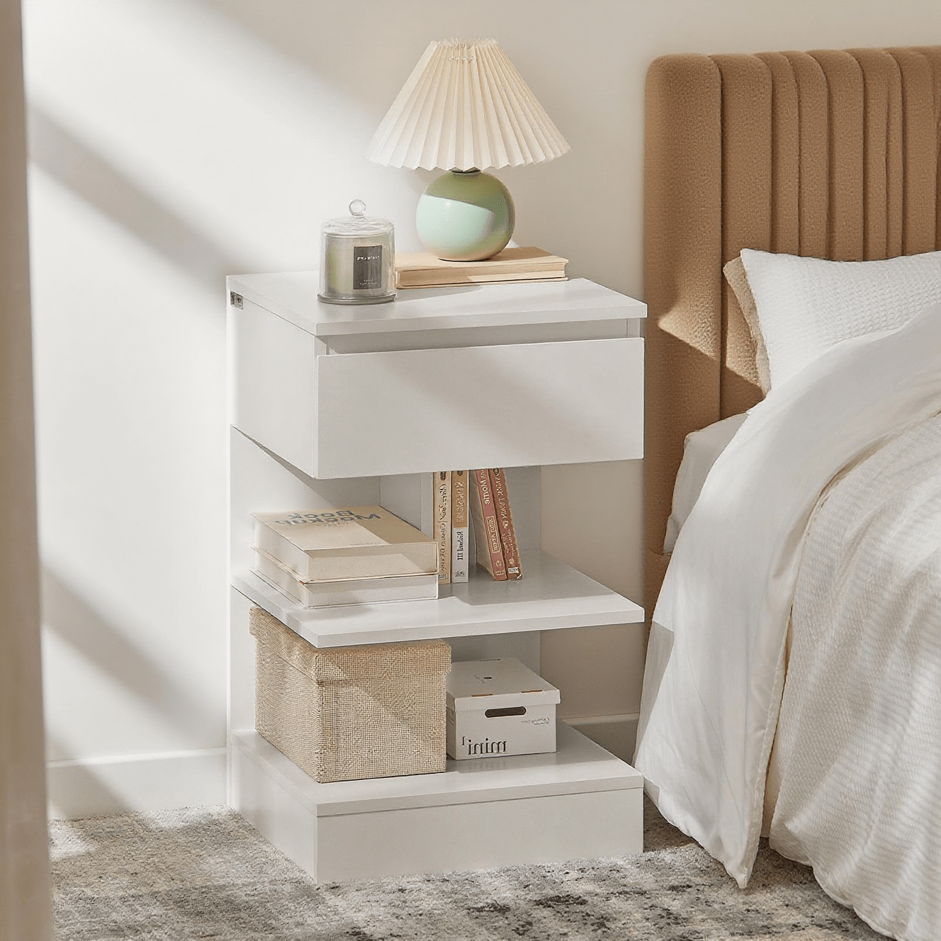1 Piece Nightstand Bedside Cabinet Side Table Storage Cabinet With 1 Drawer, 2 Open Shelves, Storage Space For Bedroom, Living Room, Dorm Room, Small Spaces, White, 39x39x65cm, Sobuy Gcu60-x