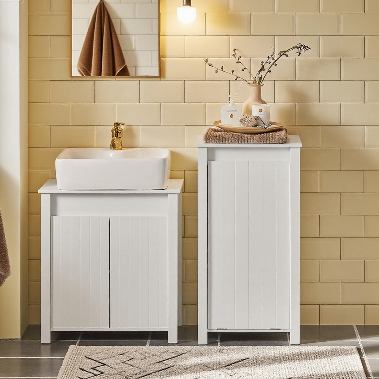 Image of Compact White Wooden Bathroom Furniture With Laundry Hamper, Removable Foldable Laundry Bag, And Carrying Handles, Organizer Cabinet For Small Spaces, 45 × 35 × 85.5 Cm, Sobuy