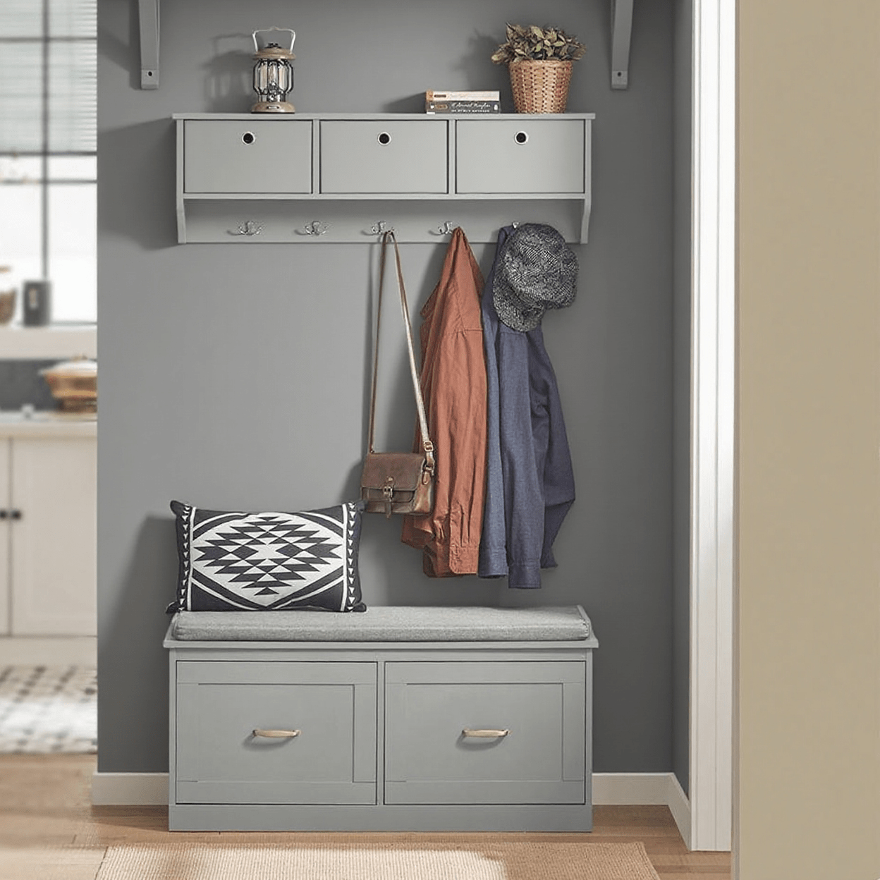1-piece Shoe Bench With Storage, Padded Seat And 2 Doors, Shoe Storage For Hallway, Entryway, Bedroom, Gray, 90x34x46 Cm - Gts242-ih