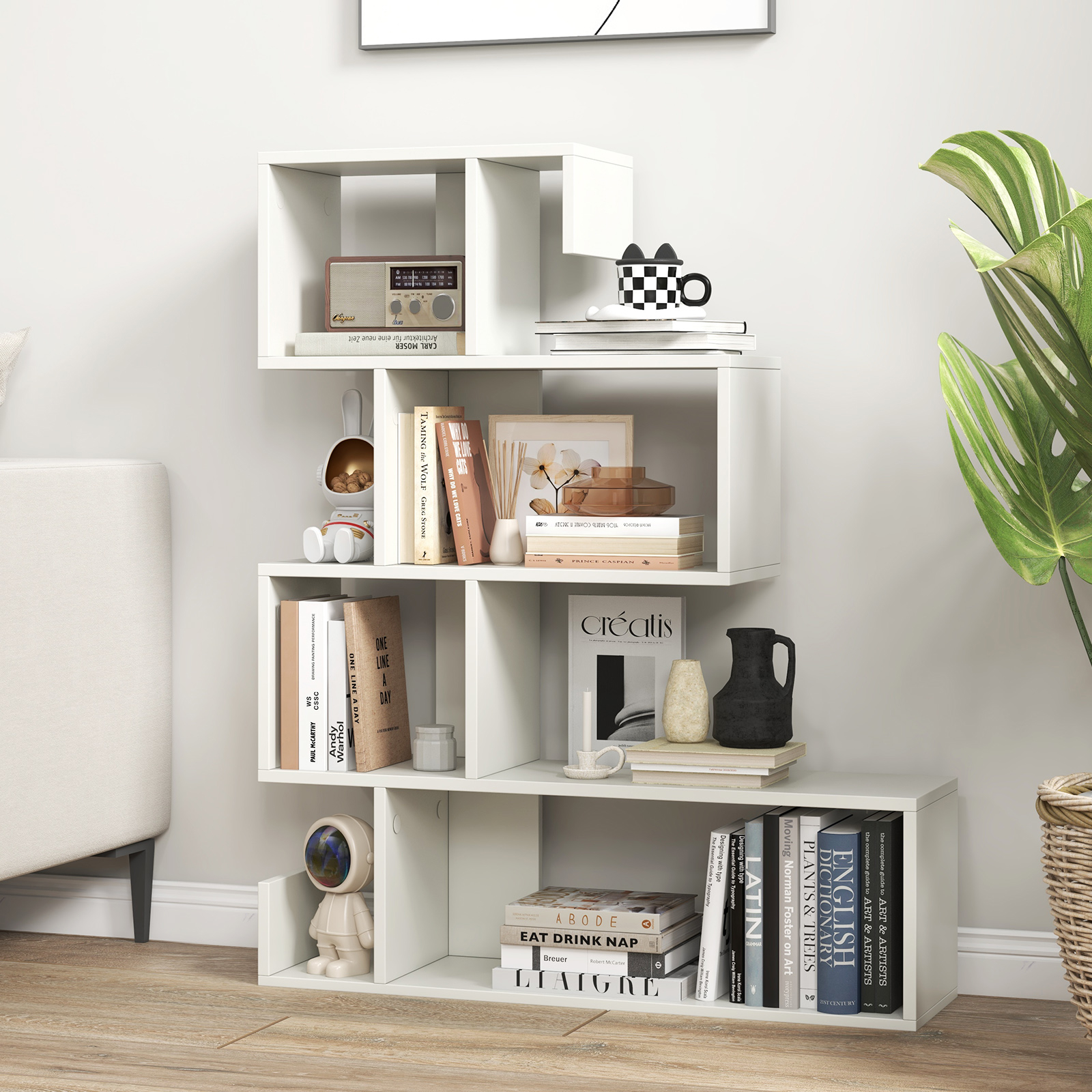 Image of Bookshelf, 5-tier Modern Geometric Bookcase With Anti-tipping Kits, Freestanding Corner Ladder Display Rack