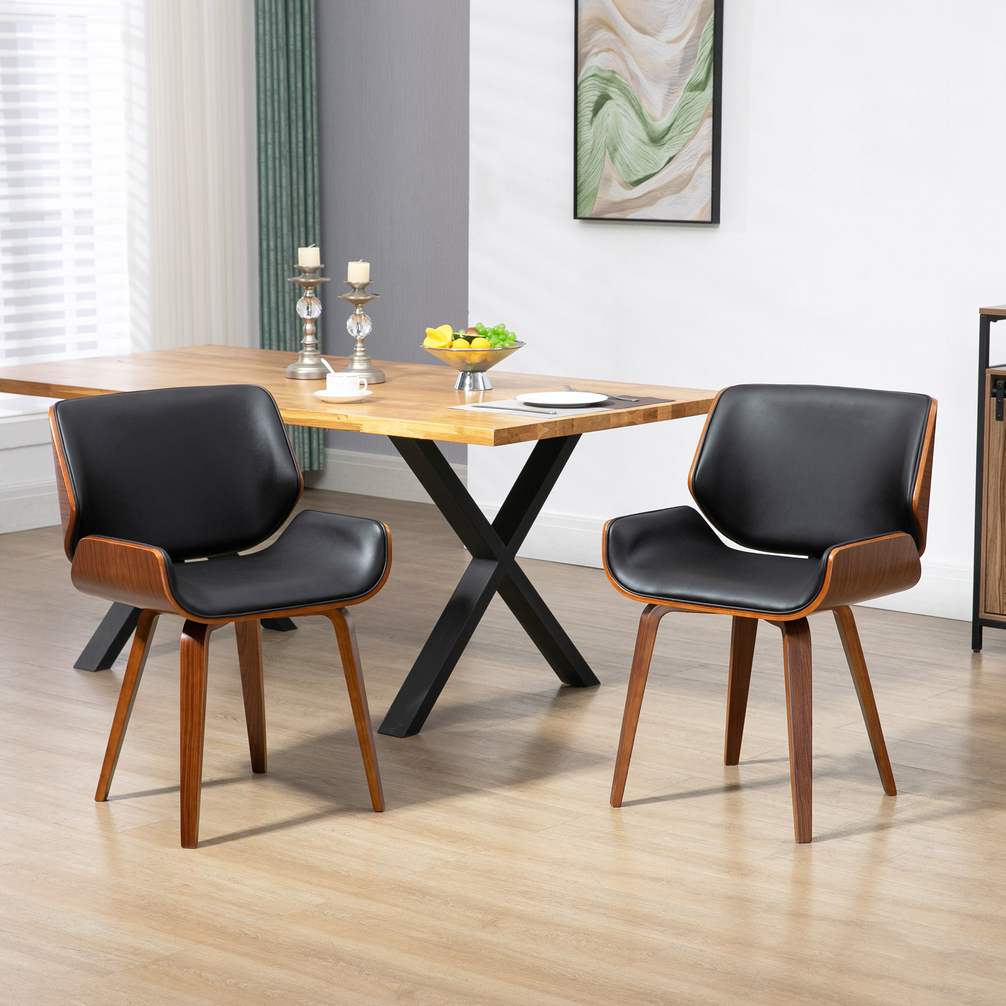 Dining Room Chairs 2pcs Set Kitchen Chair With Backrest, Chairs With Wooden Legs, Vintage Upholstered Chair For Dining Room, Dining Table, Artificial Leather, Black