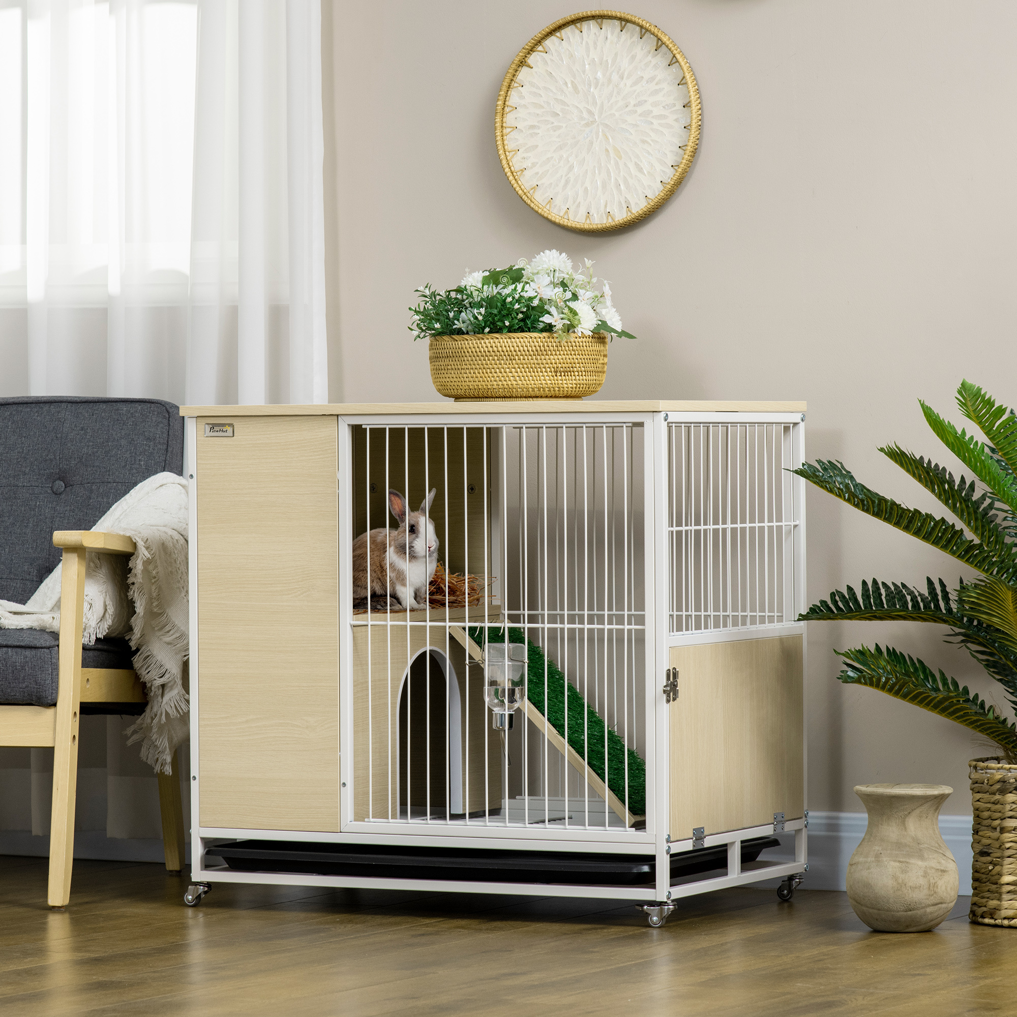 Pawhut Rabbit Cage H Hutch on Wheels with Opening Roof Platforms And Removable Tray - 78 X 52.5 X 76.5 Cm Natural