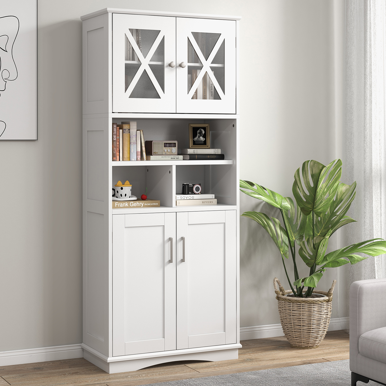 57" Tall Bathroom Cabinet, Freestanding Storage Cabinet With Acrylic Doors And Adjustable Shelves, 3 Open Compartments