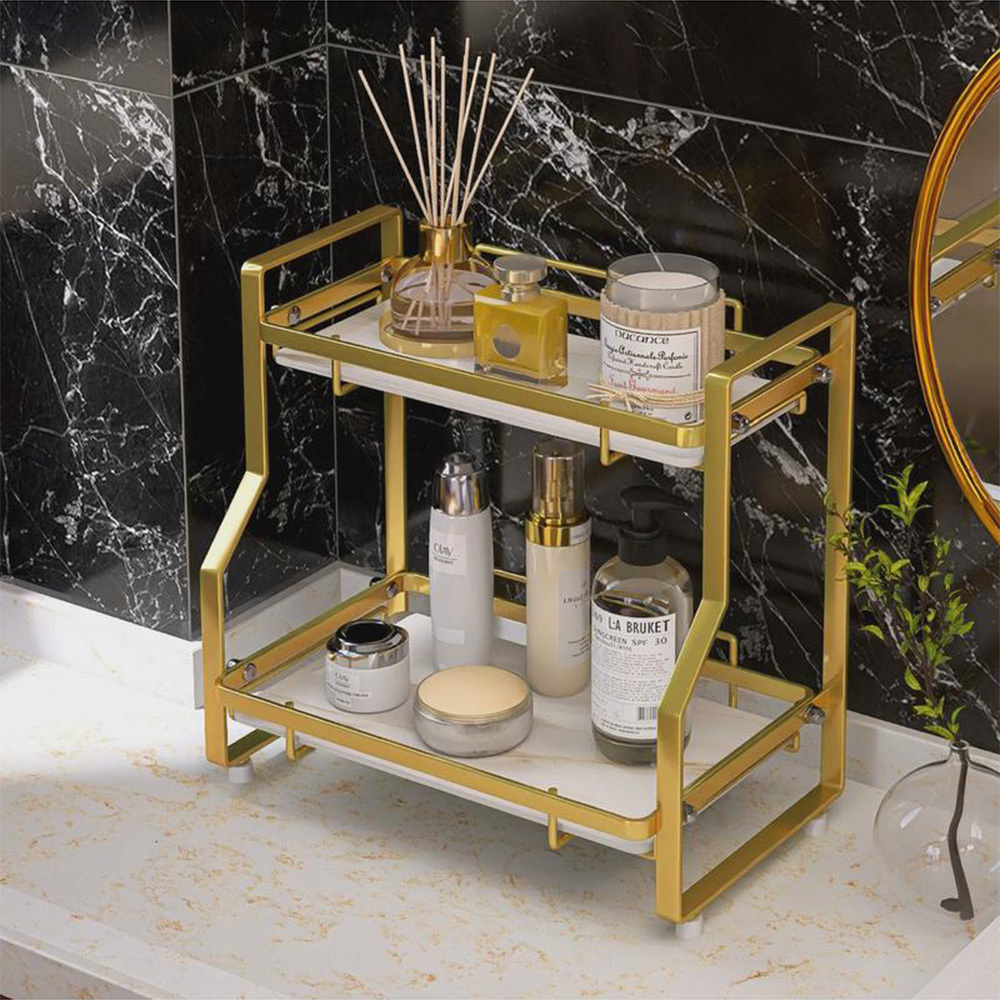 TEMU Makeup Organizer, 2 Tier Bathroom Countertop Organizer Desktop Gold Metal Countertop Shelf For Cosmetics Storage Display Stand Shelf