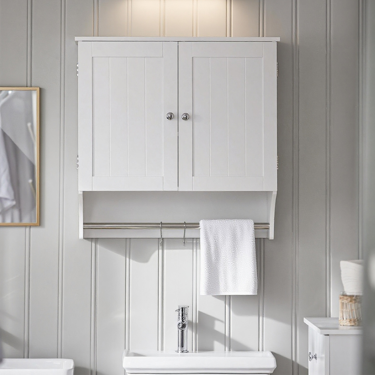 Image of 1pc Of Bathroom Furniture Wall-mounted Cabinet White 60 X 30 X 60 Cm, Upper Bathroom Furniture With Adjustable Shelves, Storage For Wc And Toilets, Practical Solution For Small Rooms - Cas95-x