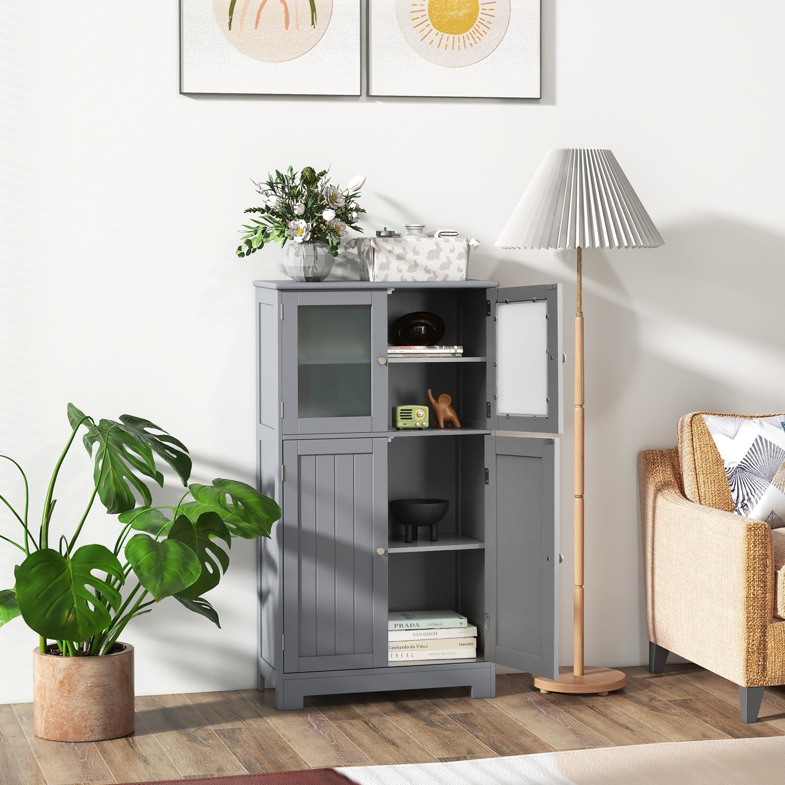 Image of 4-door Bathroom Floor Cabinet, Freestanding Storage Cabinet W/ Glass Doors, Wooden Kitchen Cupboard W/ Adjustable Shelf, Multipurpose Home Organizer For Hallway Living Room Office, Grey