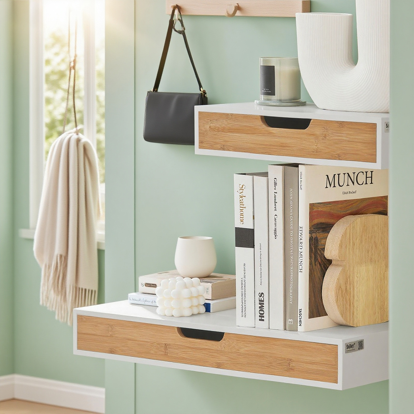 1pc Of Wall Shelf With Drawer - Modern Wall Shelf For Hallway, Living Room, Kitchen & Bedroom - White & Natural 40x24x8cm - Sobuy Gsh03-xo