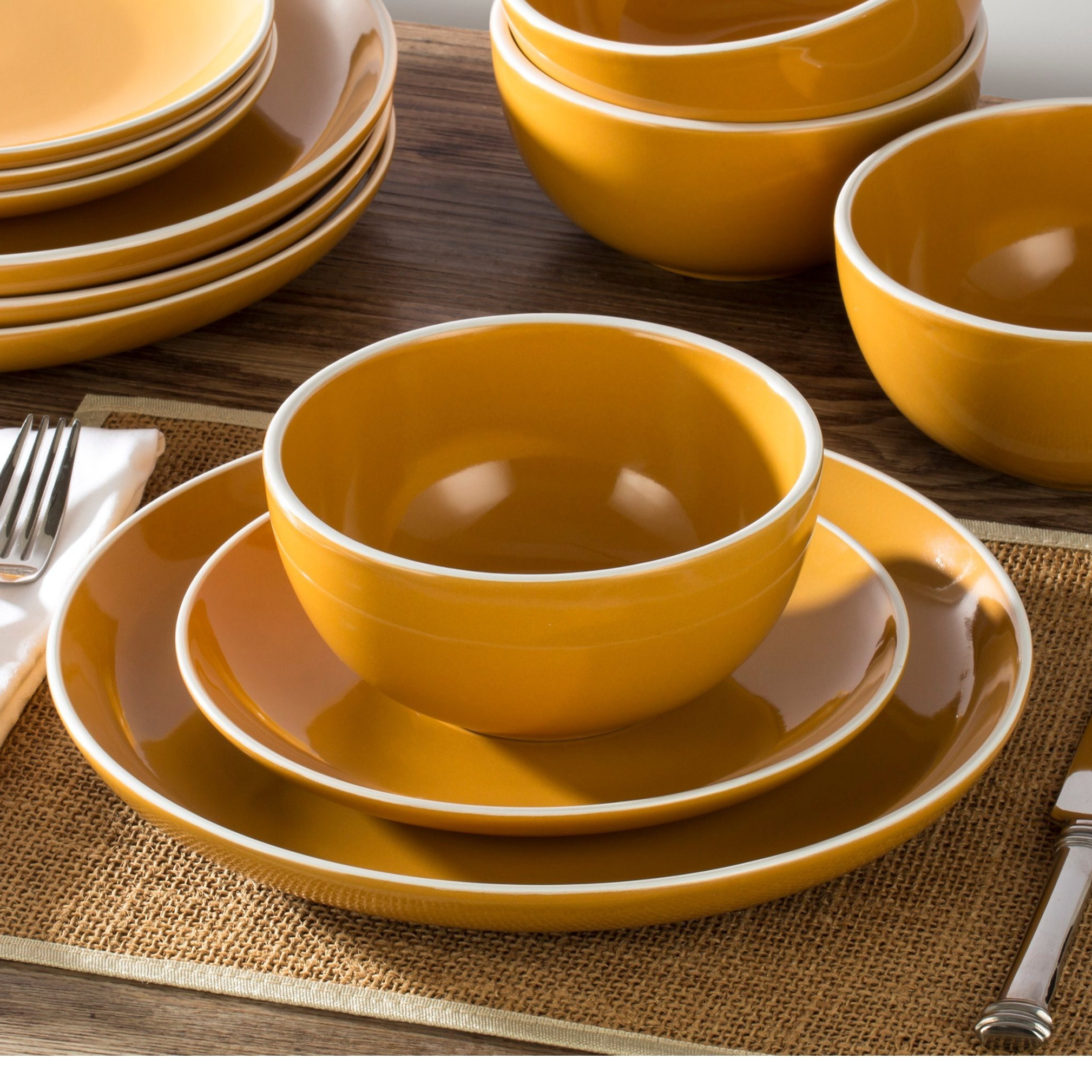 TEMU ** Time Price ** 12pc Waterside Yellow Coupe Stoneware Dinner Set, 12 Pieces; 4 Dinner Plates, 4 & 4 Deep Bowls - Dishwasher & Microwave Safe