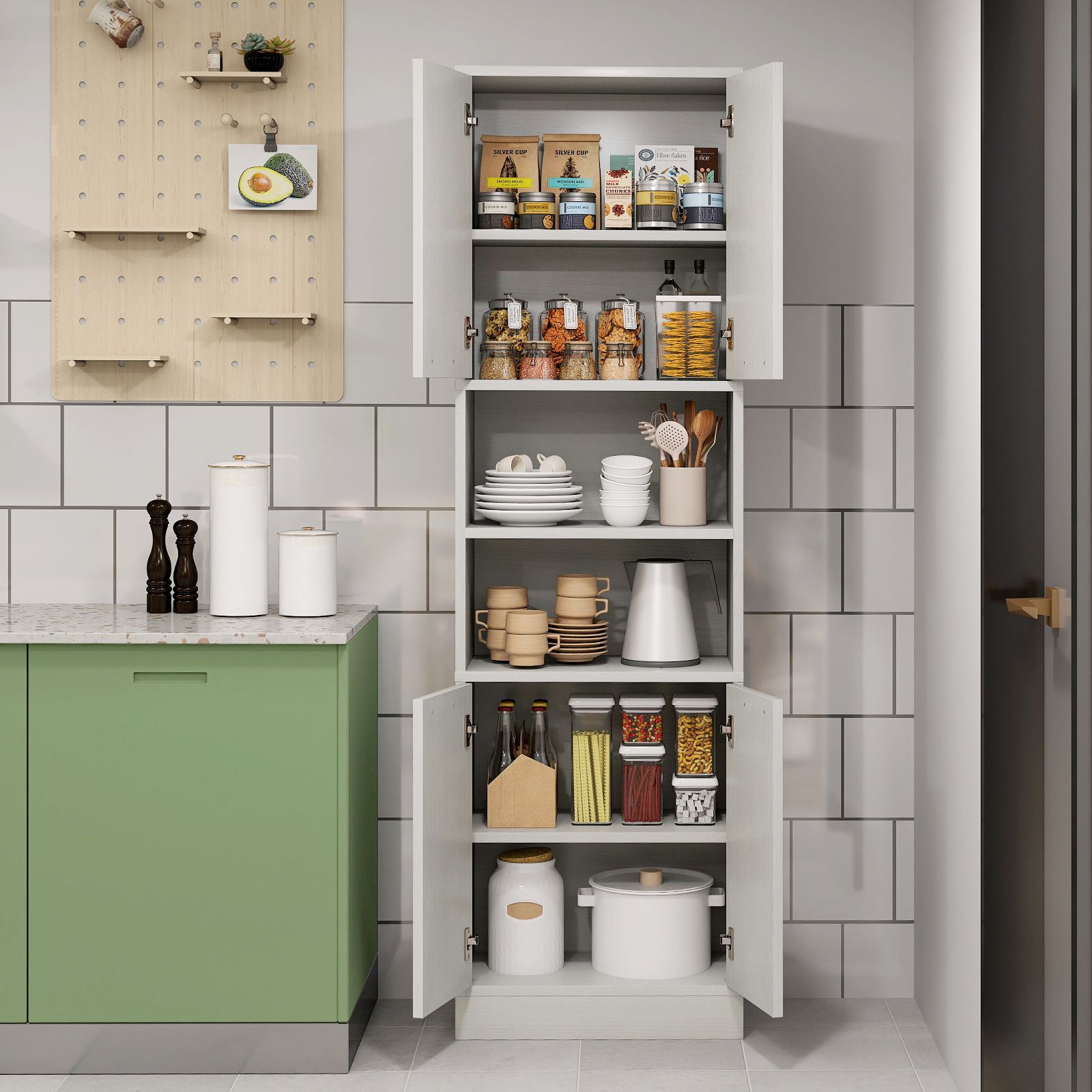 Tall Kitchen Storage Unit, , 2 Open Compartments, Anti-tip Kits, Kitchen Sideboard Load 136 Kg