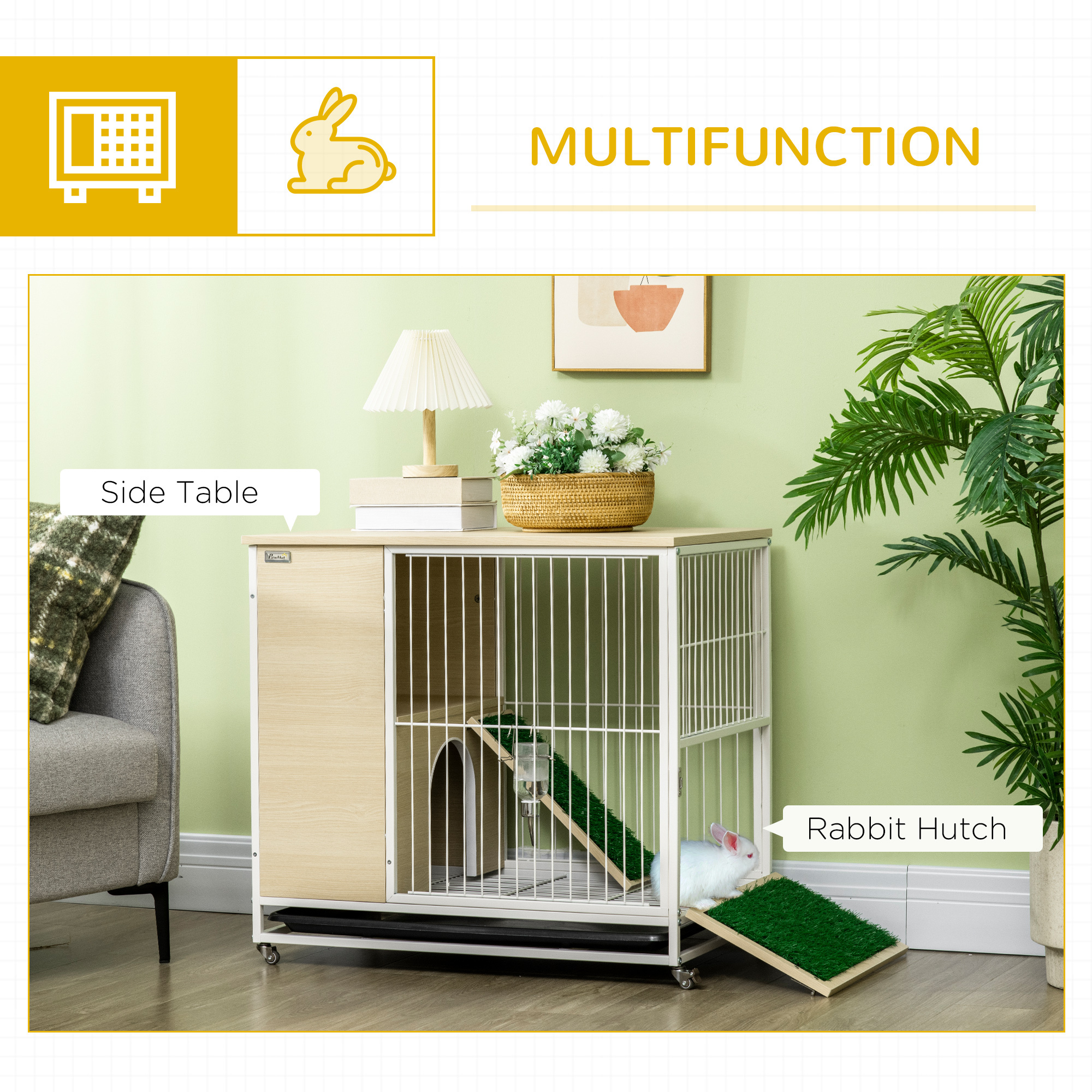 Pawhut Rabbit Cage H Hutch on Wheels with Opening Roof Platforms And Removable Tray - 78 X 52.5 X 76.5 Cm Natural