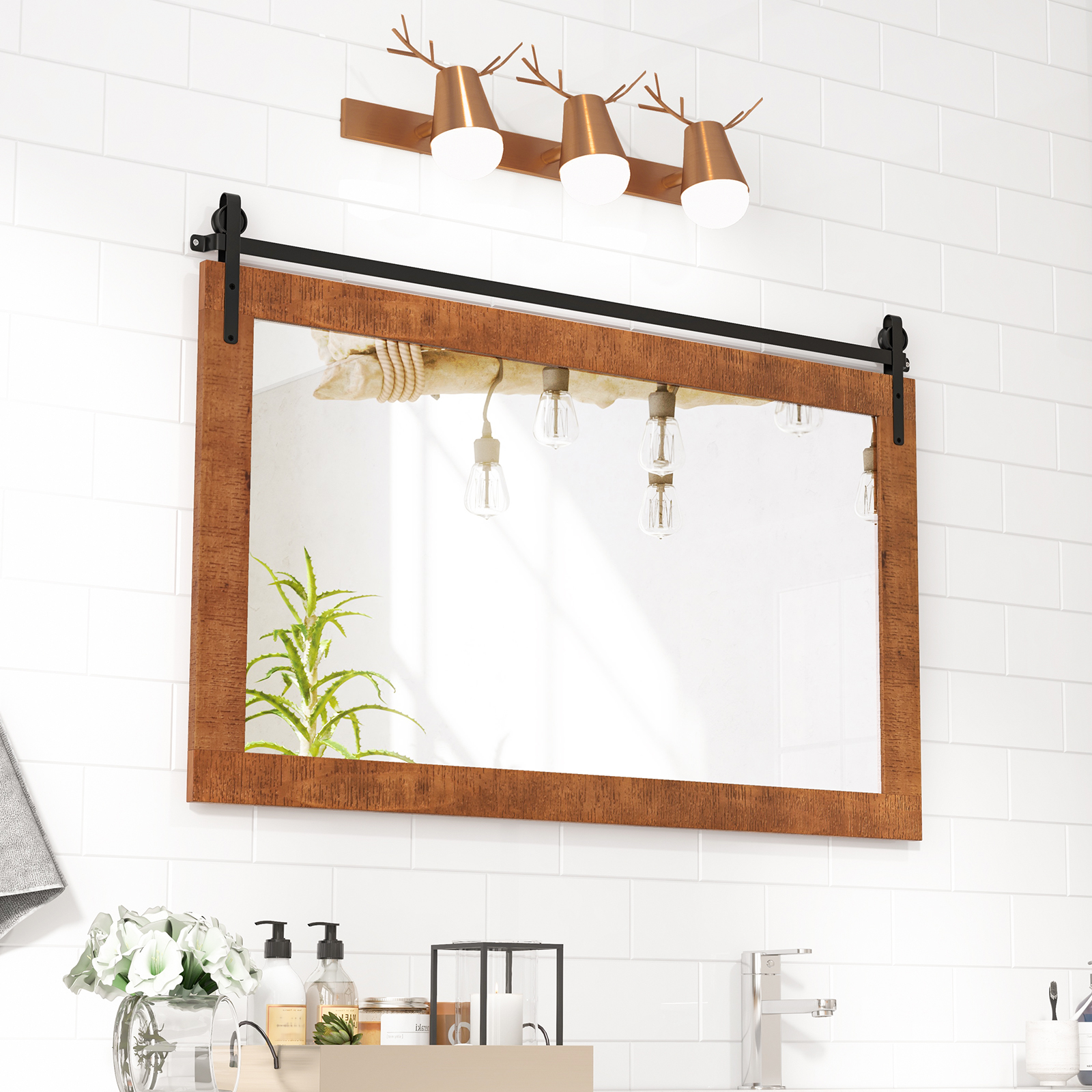 Image of Farmhouse Wall Mirror, 40" X 26" Rectangle Barn Door Style Wall Mounted Mirror W/ Solid Wood Frame & Metal Bracket, Rustic Wall Decor For Living Room Bedroom Entryway Bathroom, Brown