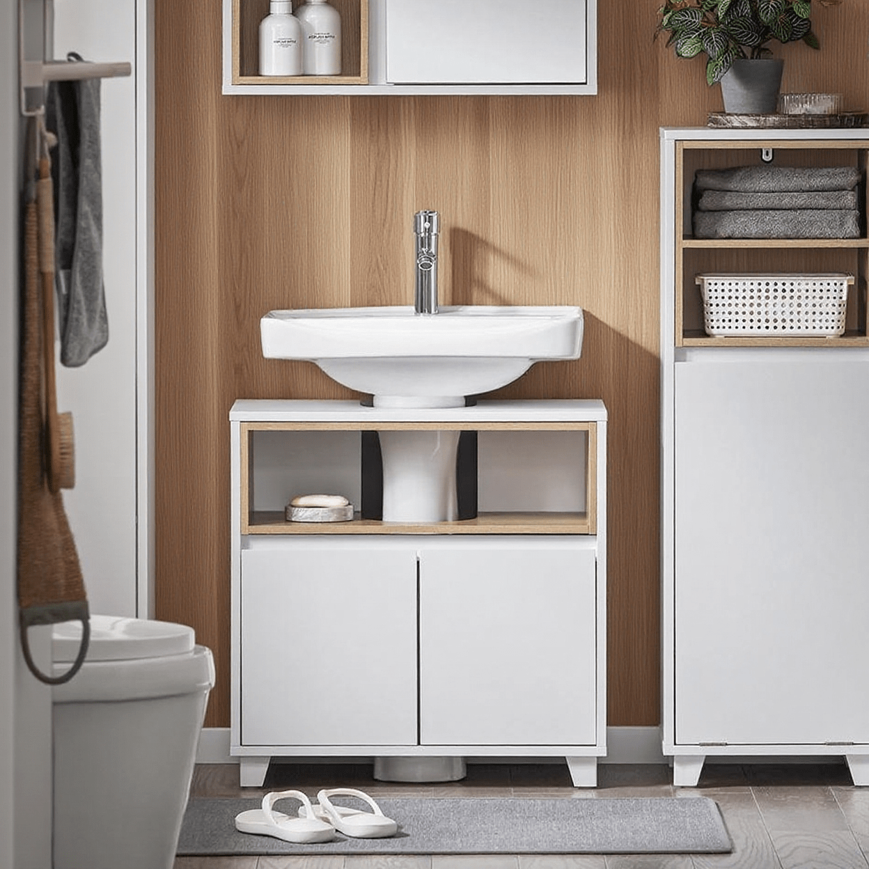 TEMU 1pc Meuble sous Lavabo Salle de Bain Meuble Vasque Armoire de Rangement avec 2 Compartiments et Porte, Design Bois-Blanc, pour Petit Espace et