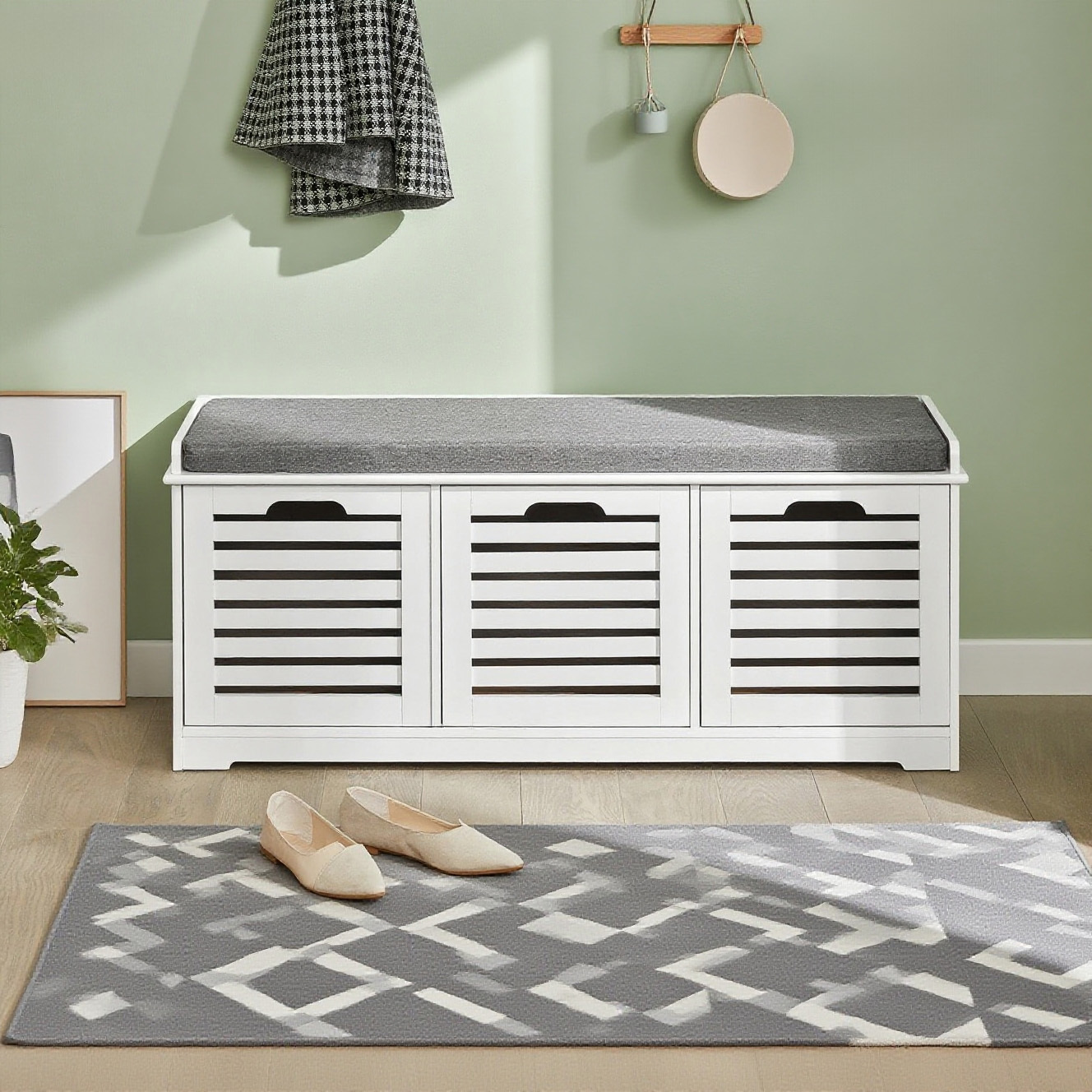 Image of 1pc Bank Shoe Rack Organization - Shoe Rack, Mobile Shoe Storage With Padded Cushion And 3 Baskets - Wooden Entrance Bench For - 105x35x43cm, 120kg Load - Gts34-x