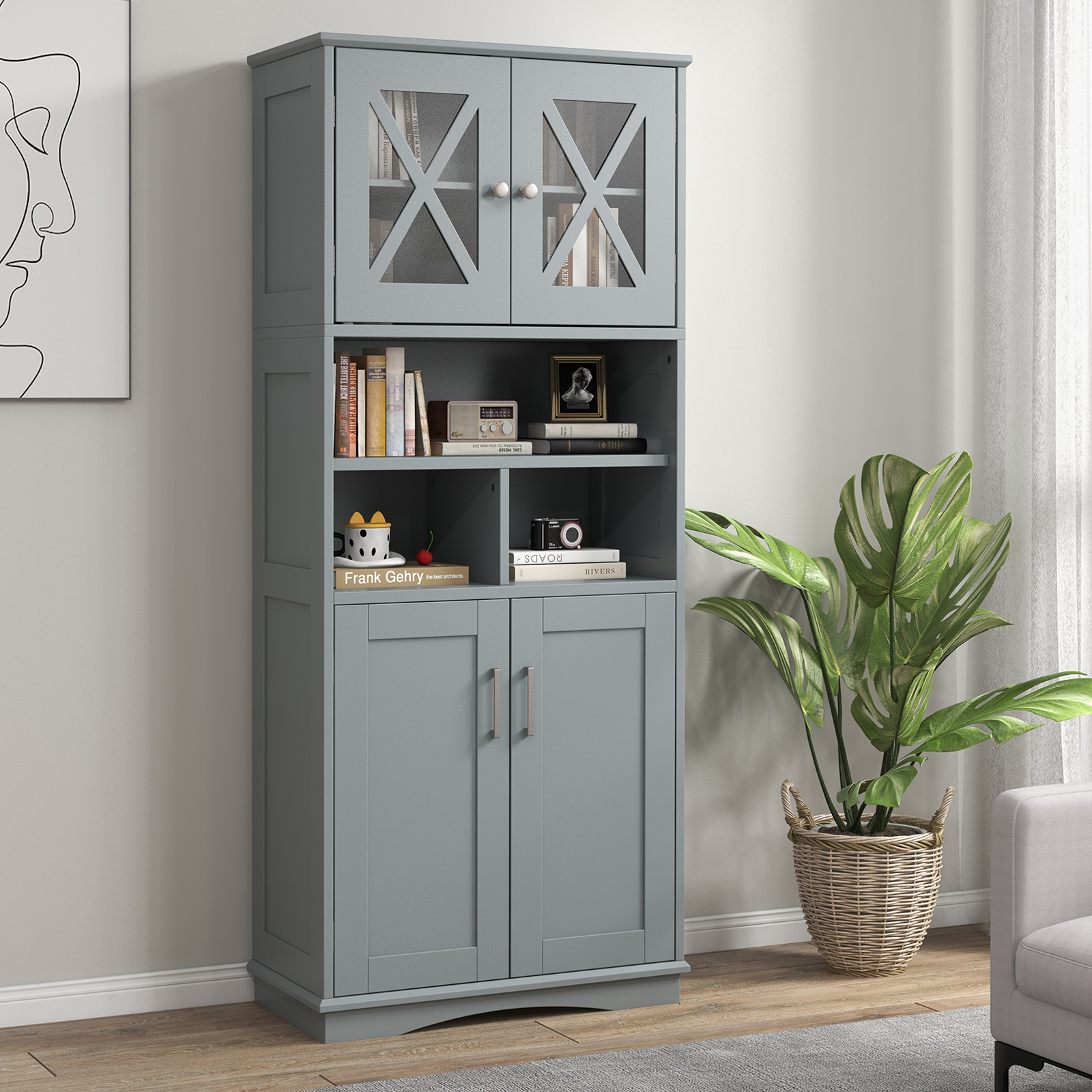 57" Tall Bathroom Cabinet, Freestanding Storage Cabinet With Acrylic Doors And Adjustable Shelves, 3 Open Compartments