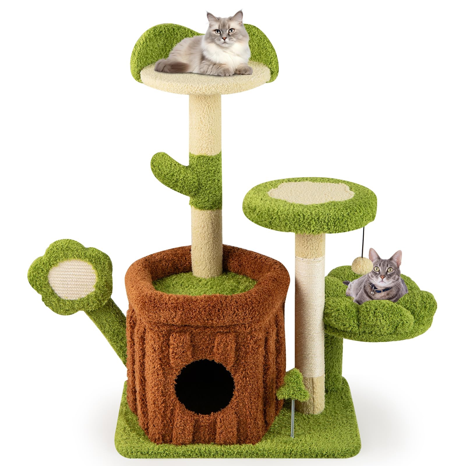 Cute Cat Tree For Adult Cats, Multi-level Kitty Tower With Trunk Condo, Flower Perch, Plush Napping Bed, Pompom, Spring Toy, Platforms, Scratching Posts & Board, Indoor Pet Jungle Activity Center