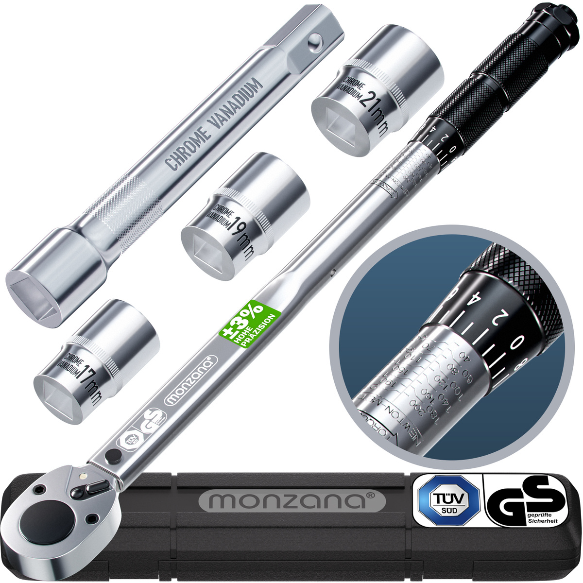 E-shop Monzana® Drehmomentschlüssel 6tlg. Set 40-210Nm TÜV Süd /2' Zoll CrV +/- 3% Toleranz Wende Ratschenkopf inkl. 3 Stecknüsse 17, 19, 21mm
