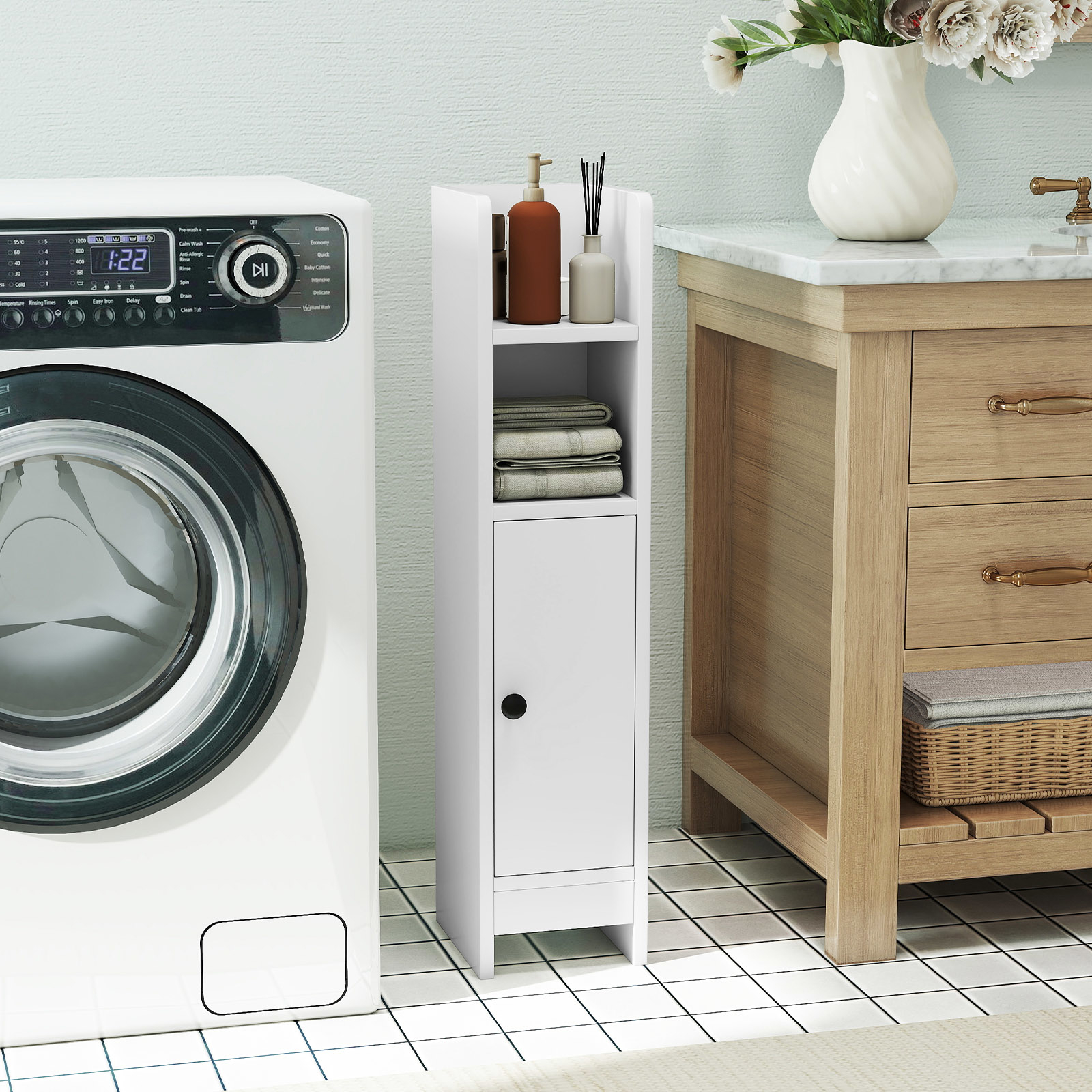 Image of Corner Bathroom Furniture, 20 X 18 X 80 Cm, Narrow Bathroom Column With Removable And Adjustable Shelf Levels