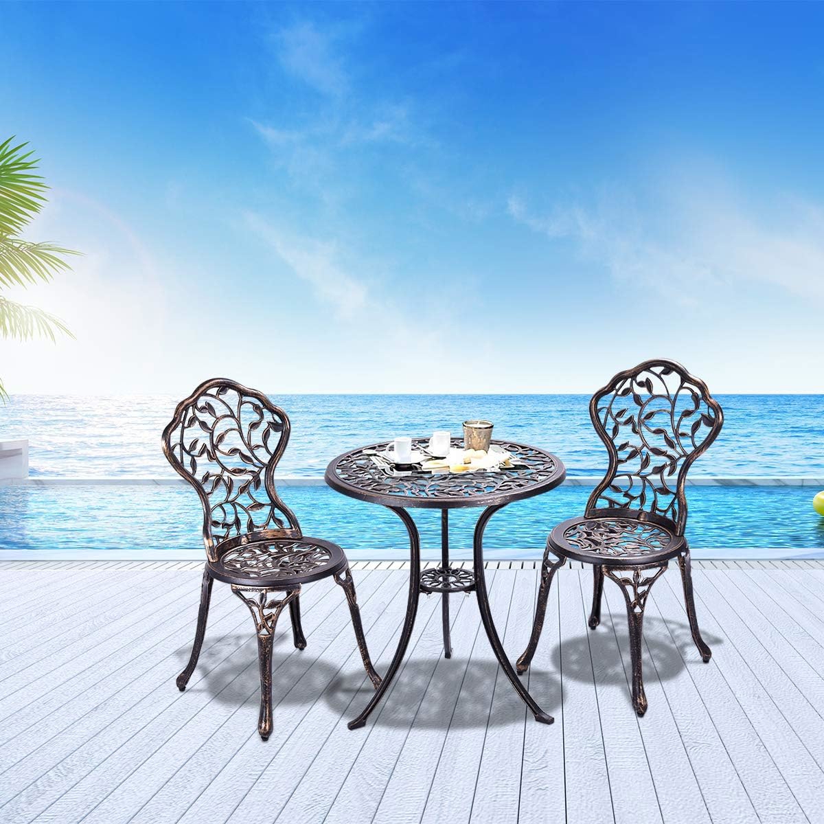 Image of 3pcs Bistro Set, Patio Table And Chairs Set With Foot Pads And Ergonomic Backrest, Outdoor Furniture