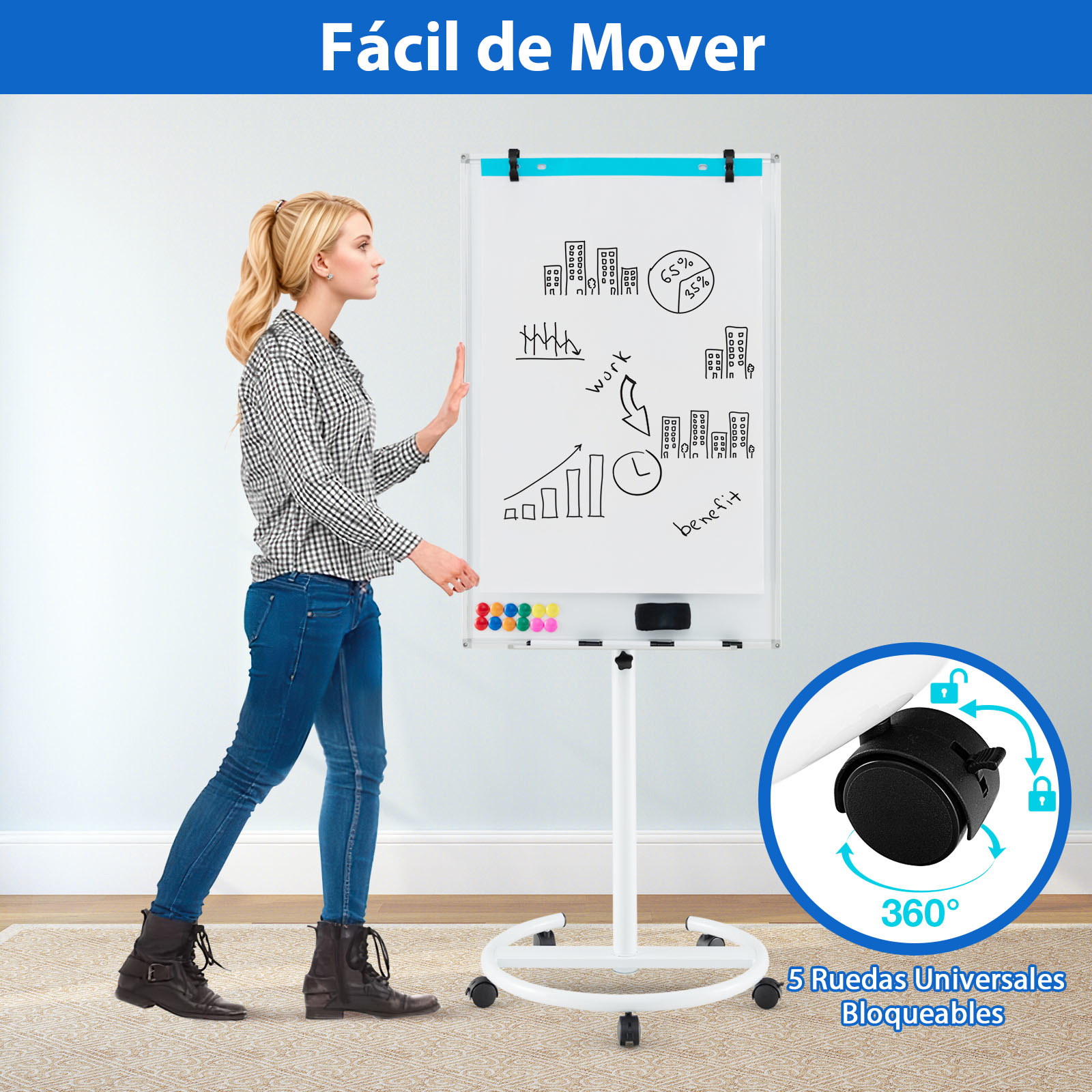 Erasable Whiteboard 65 X 100 Cm, Magnetic Whiteboard With Adjustable Height Stand And 5 Rolling Wheels, 1 Eraser, , 6 Markers