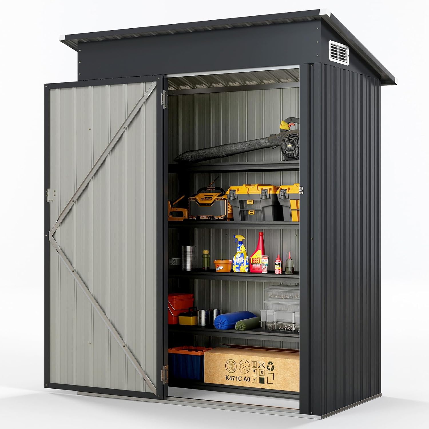 Outdoor Storage Shed, Garden With Tilted Roof, Lockable Doors, Air Vents, Steel Shed Storage