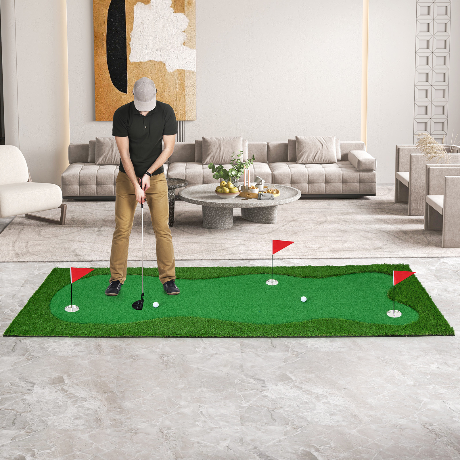 Image of Golf Putting Green, Professional Golf Training Mat With 2 Golf Balls, 3 Golf Cups, 3 Hole Covers And