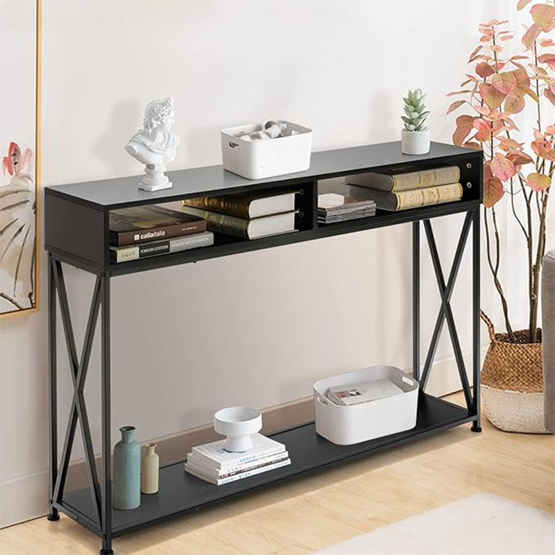 2 Level Console, Living Table With Open Shelf And Storage Compartments, Sturdy Steel Structure, Adjustable Feet, Anti-tilting Design