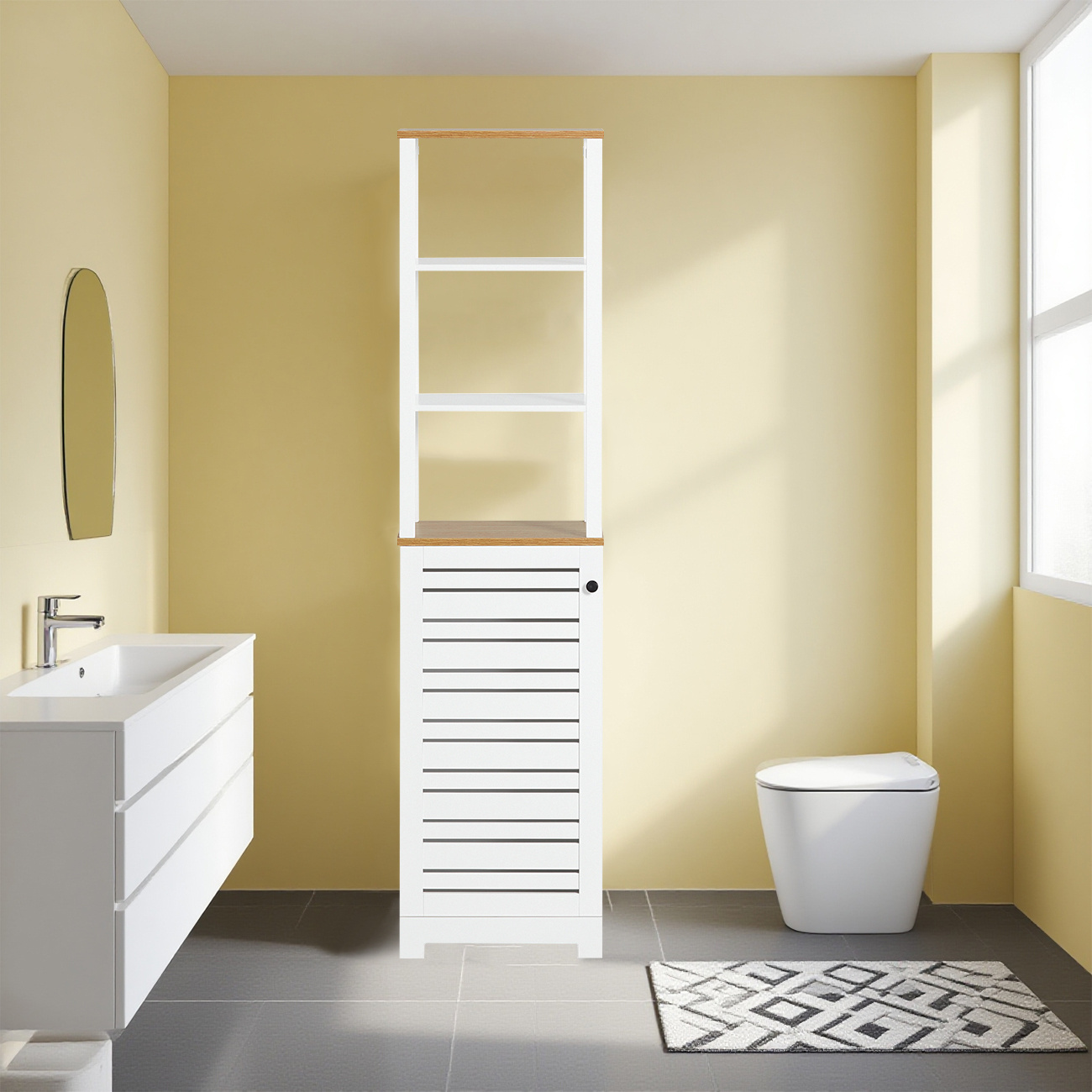 Storage Space In The Bathroom 1pc Of Narrow Bathroom Furniture With Open Shelves And Louvered Door – Tall Cabinet For Bathroom, Toilet, Kitchen Or Laundry Room, White Wood, 160x40x30cm - Cas54-x