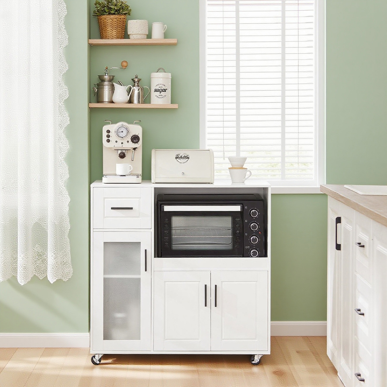 TEMU 1pc Micro-ondes Furniture Buffet Cabinet On Wheels, Kitchen Cabinet With 3 Doors, 1 Drawer, 1 Compartment, For Kitchen, Dining Room, 88.5x40x89