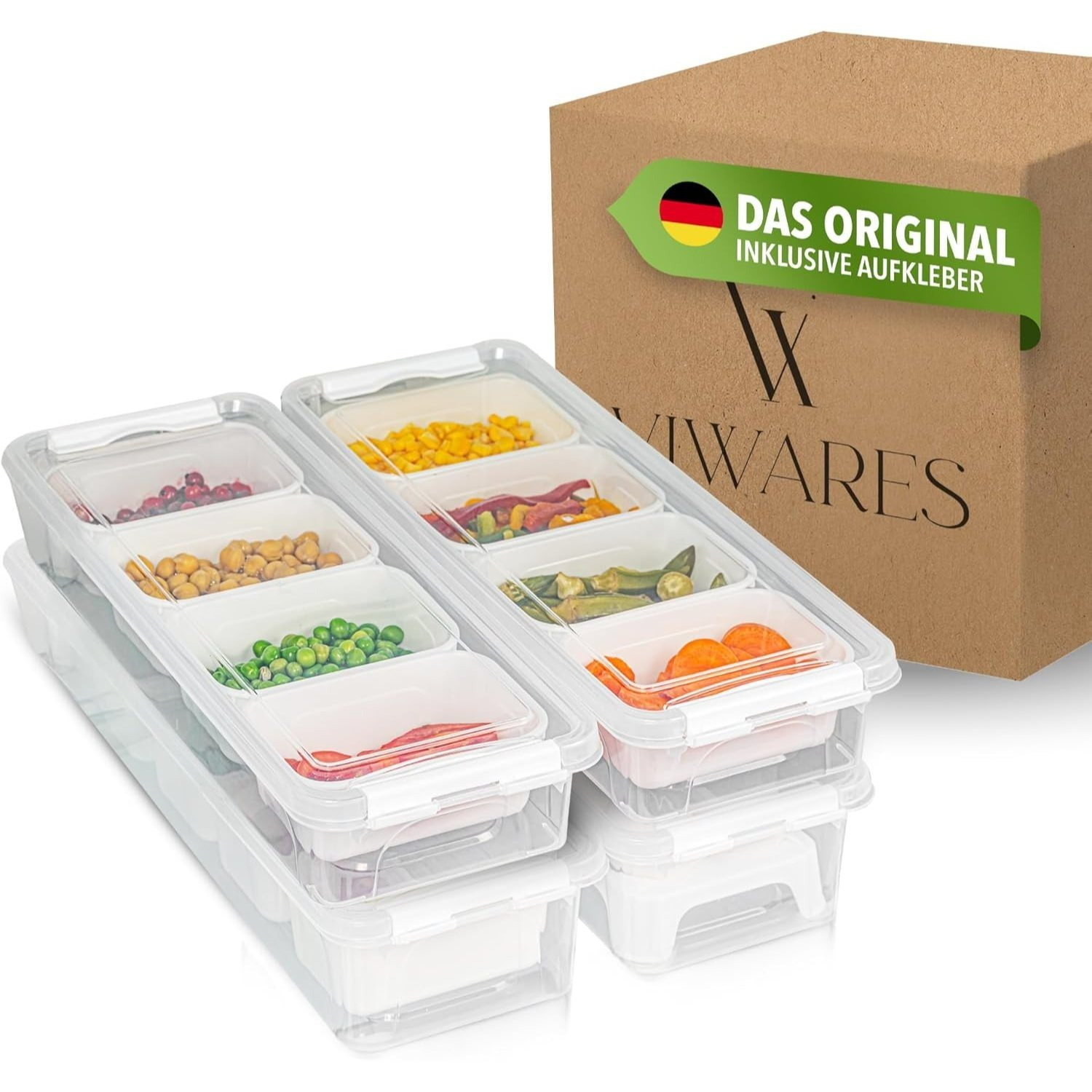Viwares Food Storage Containers Set Of 4 – Airtight Containers With Lids, Adjustable Dividers & Egg Tray – Stackable Fridge Organizers For Food, Meal Prep, Kitchen & Catering