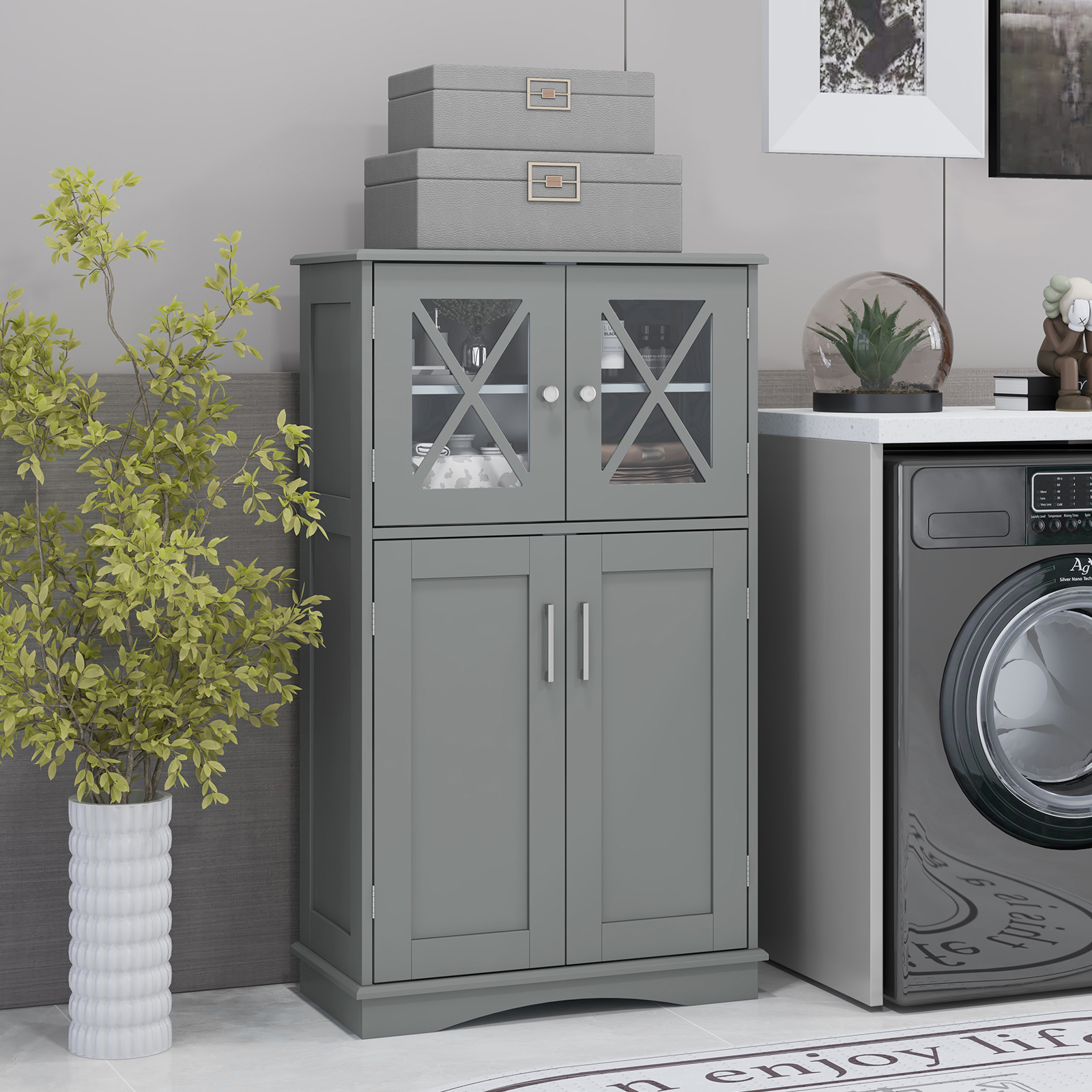 Free Standing Bathroom Cabinet With Clear Glass Doors And 2 Adjustable Drawers, 4 Door Free Standing Storage Cabinet