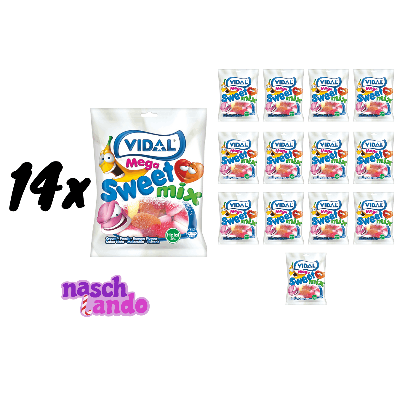 Image of 14x Vidal Halal Mega Sweet Mix 90g Fruit Gummies With Halal Certification