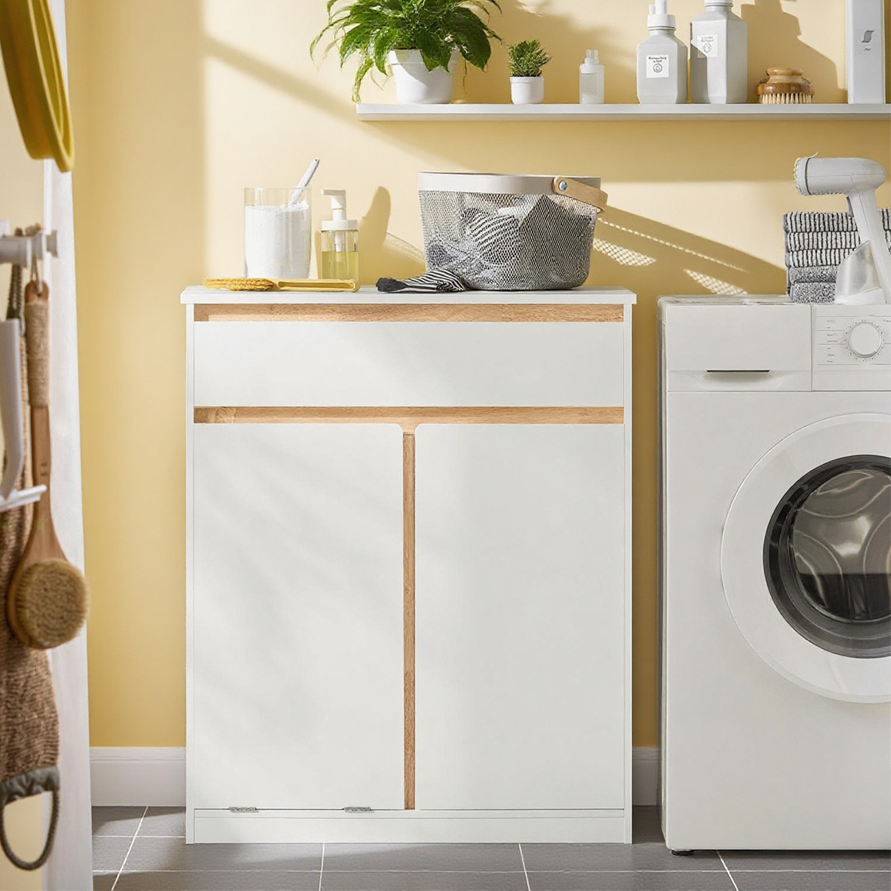 TEMU Meuble Bas de Salle de Bain avec Bac à Linge Amovible Armoire à Linge Commode SoBuy BZR79-W