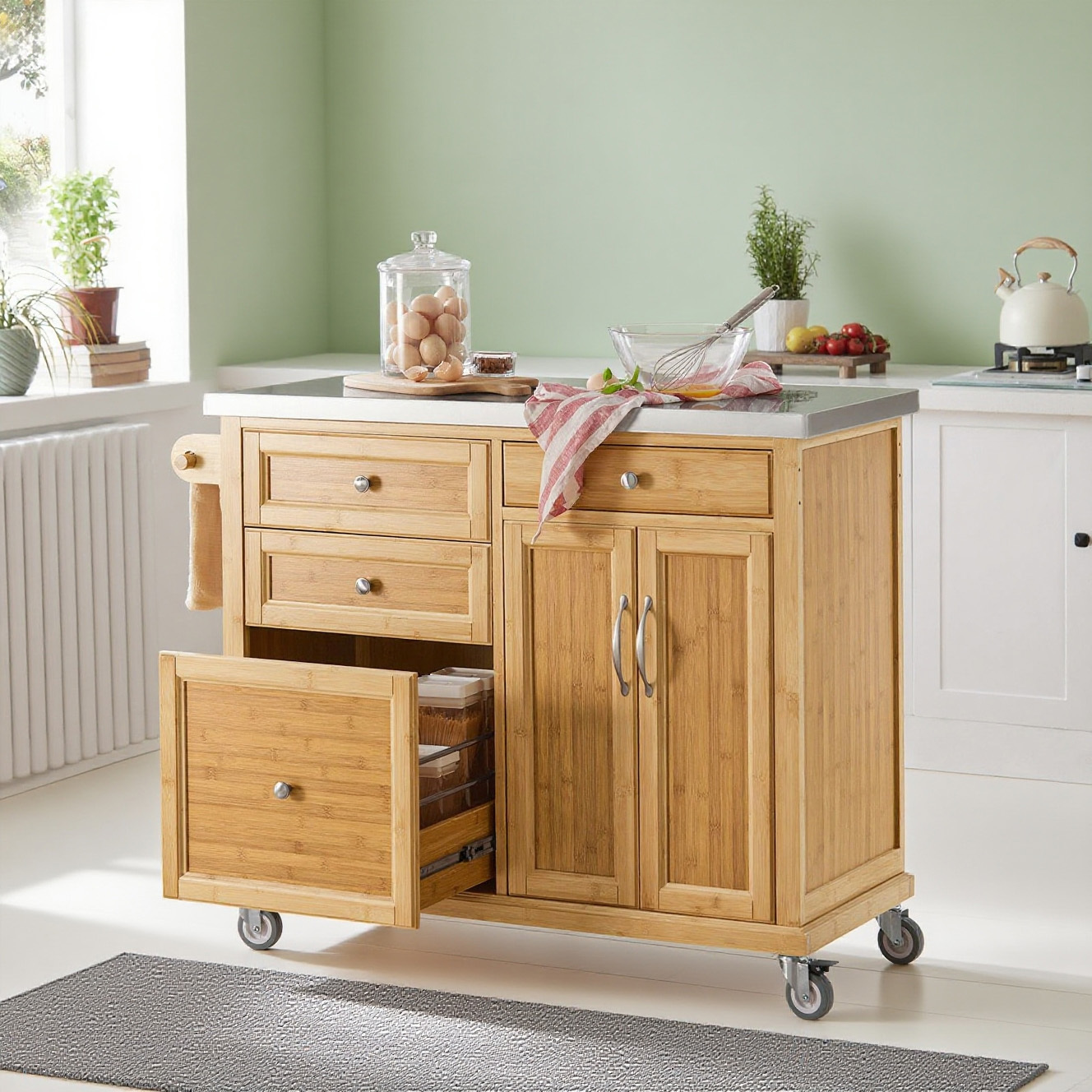 Image of 1pc Kitchen Cart Serving Cart With 4 Drawers 1 Door Adjustable Shelf Stainless Steel Worktop Storage Space For Kitchen Dining Room Family Nature 115x92x46cm Sobuy - Glx81-o