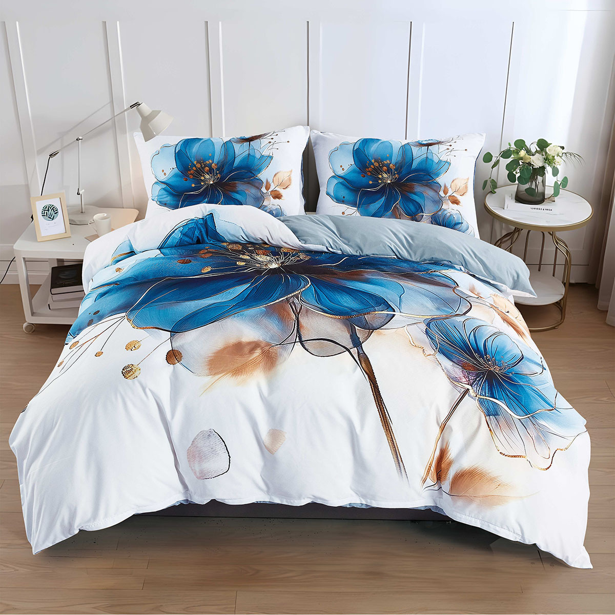 Image of 2/3pcs Set, 1 Quilt Plus+ 1/2 Pillowcases, European-style Embroidered , Blue & Gold , Bedroom Aesthetics For A