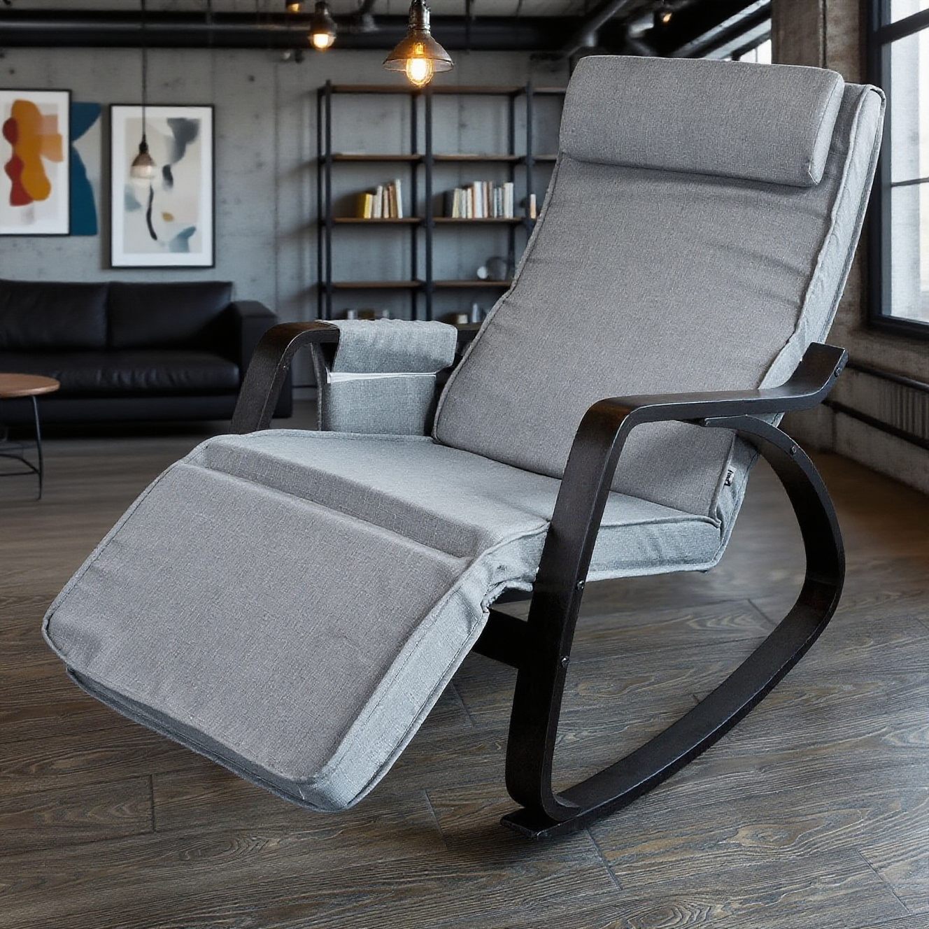 Image of Rocking Chair With Upholstery, Rocking Armchair With Headrest And Adjustable Footrest, Recliner With Side Pocket - Grey Fst20-hg