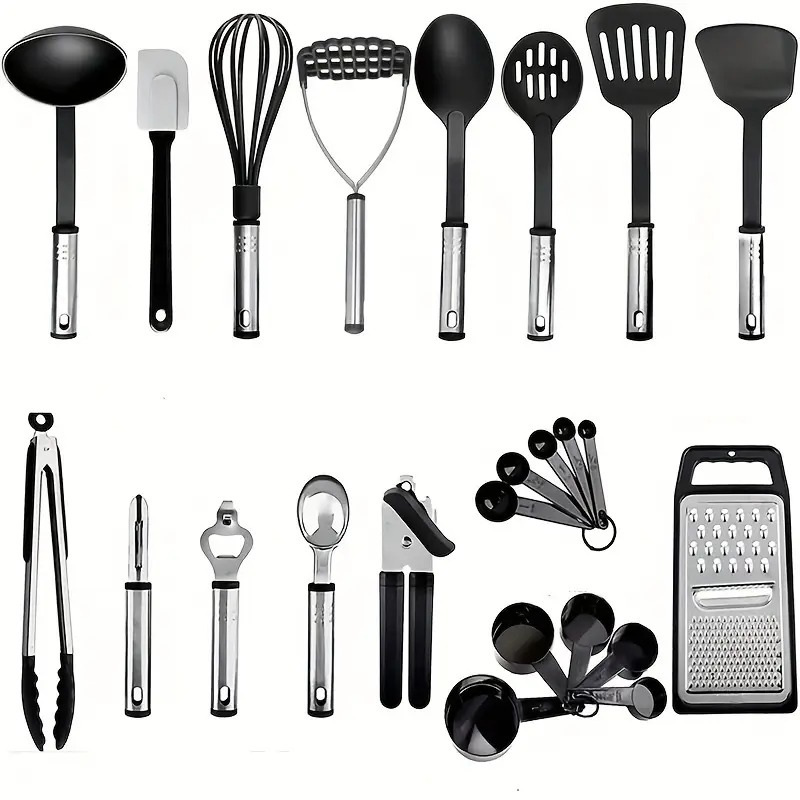 TEMU 24pcs Black Silicone Kitchen Utensil Set With Stainless Steel Handles – Heat-resistant, Non-scratch Cooking Tools For Cookware