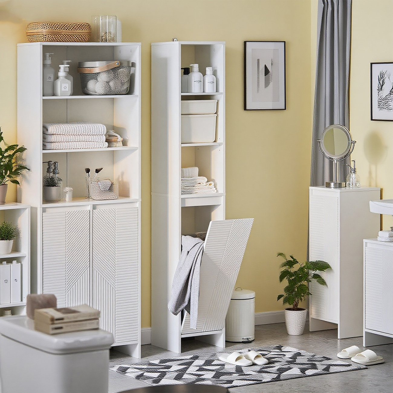 Image of High Cabinet Bathroom Cabinet With Laundry Bag, Laundry Cabinet, Bathroom Cabinet, Bathroom Shelf, Bathroom Furniture, White, Hxwxd . 30x170x30cm, Bzr158-w