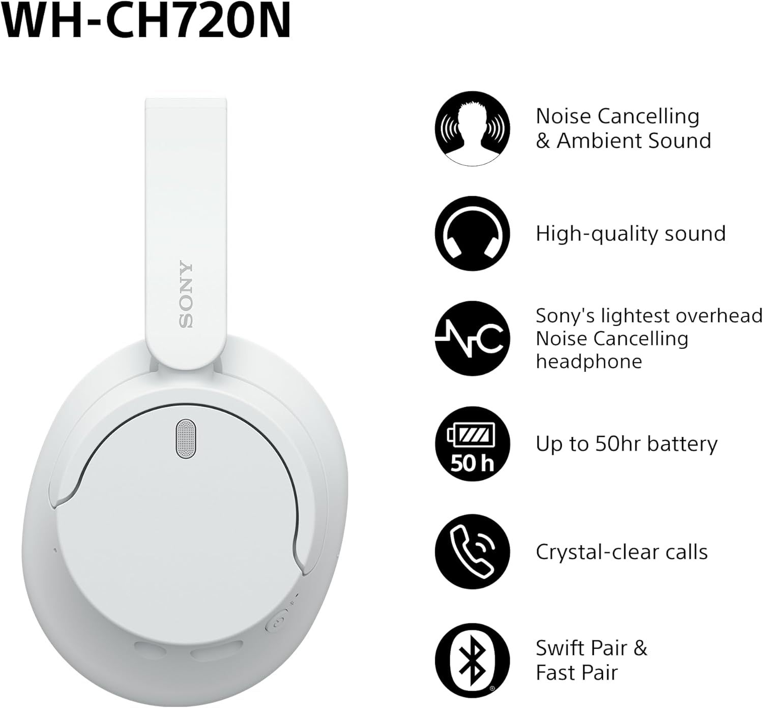 Sony WH-CH720N Wireless Bluetooth Noise Cancelling Over-Ear Headphones, Ambient Sound Mode, Lightweight Design, up to 50 hr battery life, iOS & Android - White