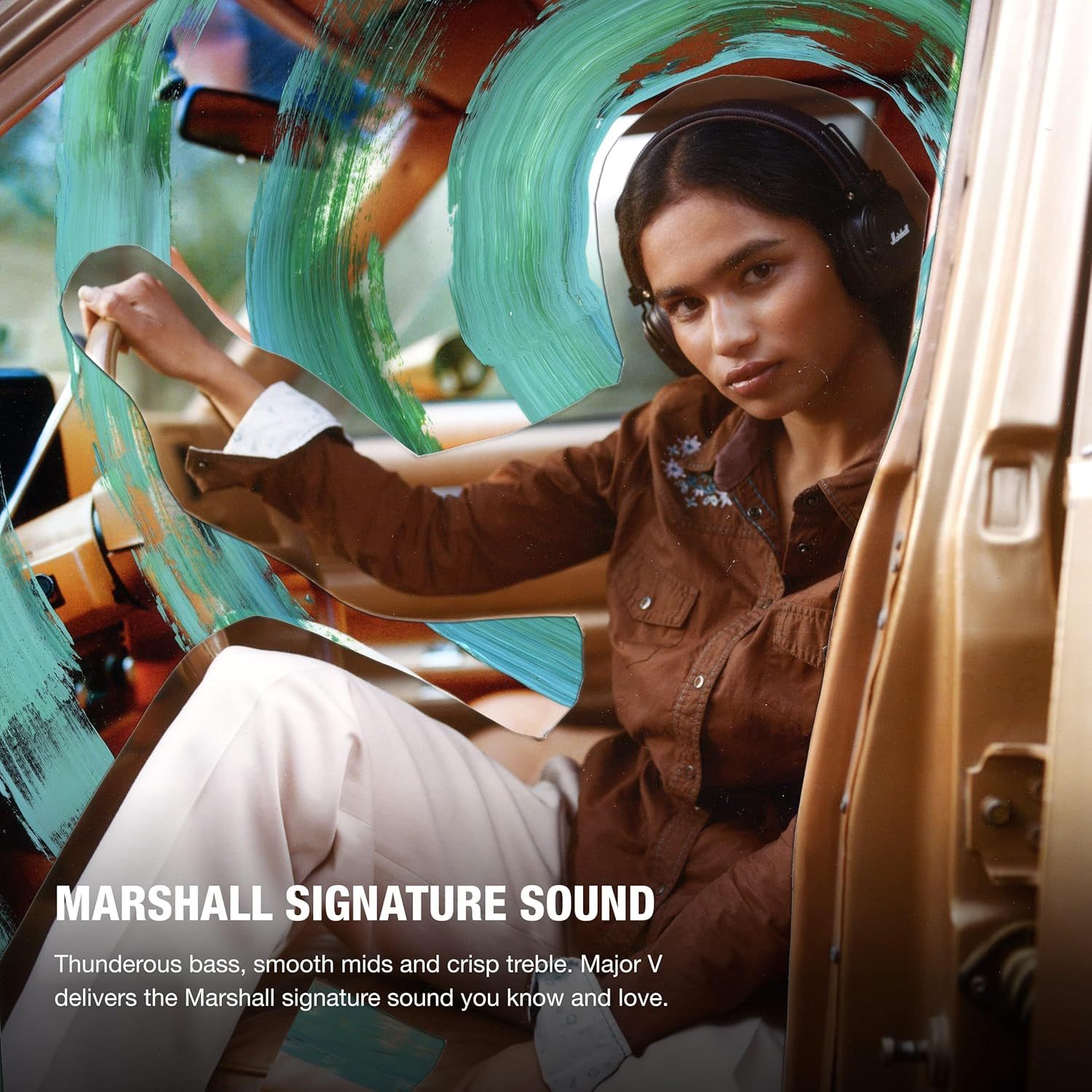 Marshall Major V B-tooth Wireless Headphones, 100 Hours playtime - Black / Brown / Cream