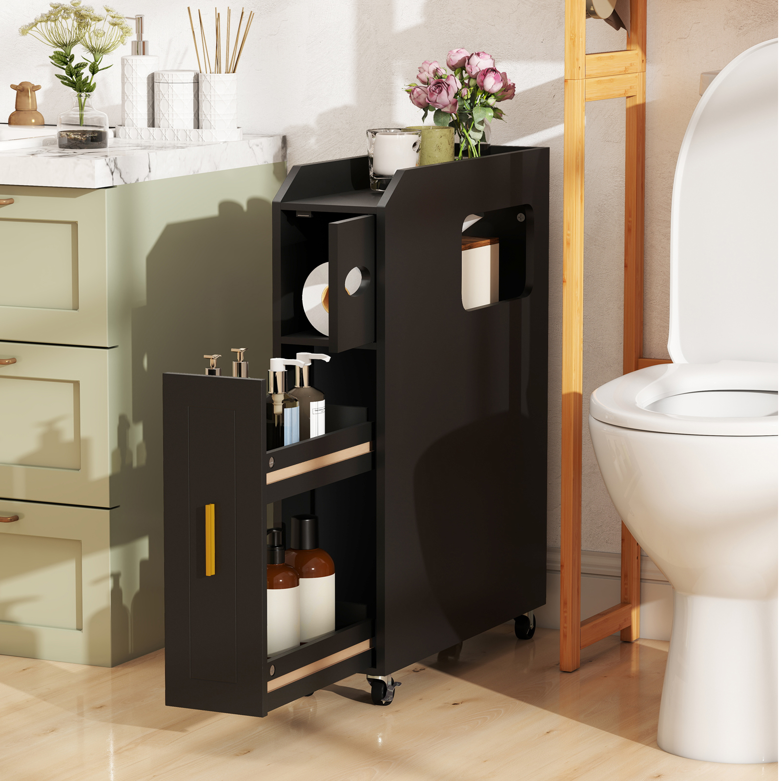 16 Bathroom Cabinet, Rolling Toilet Storage Cart With Toilet Paper, 2 Lockable Wheels