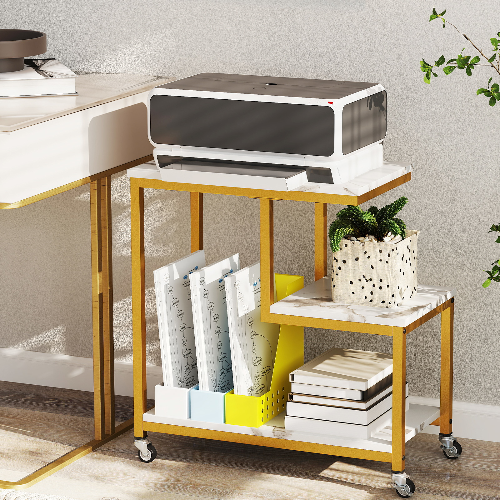 G-shaped Side Table, 3-tier Mobile End Table With Open Shelves, Small Sofa Couch Side Table With Lockable Casters For Living Room Bedroom Study Room, White